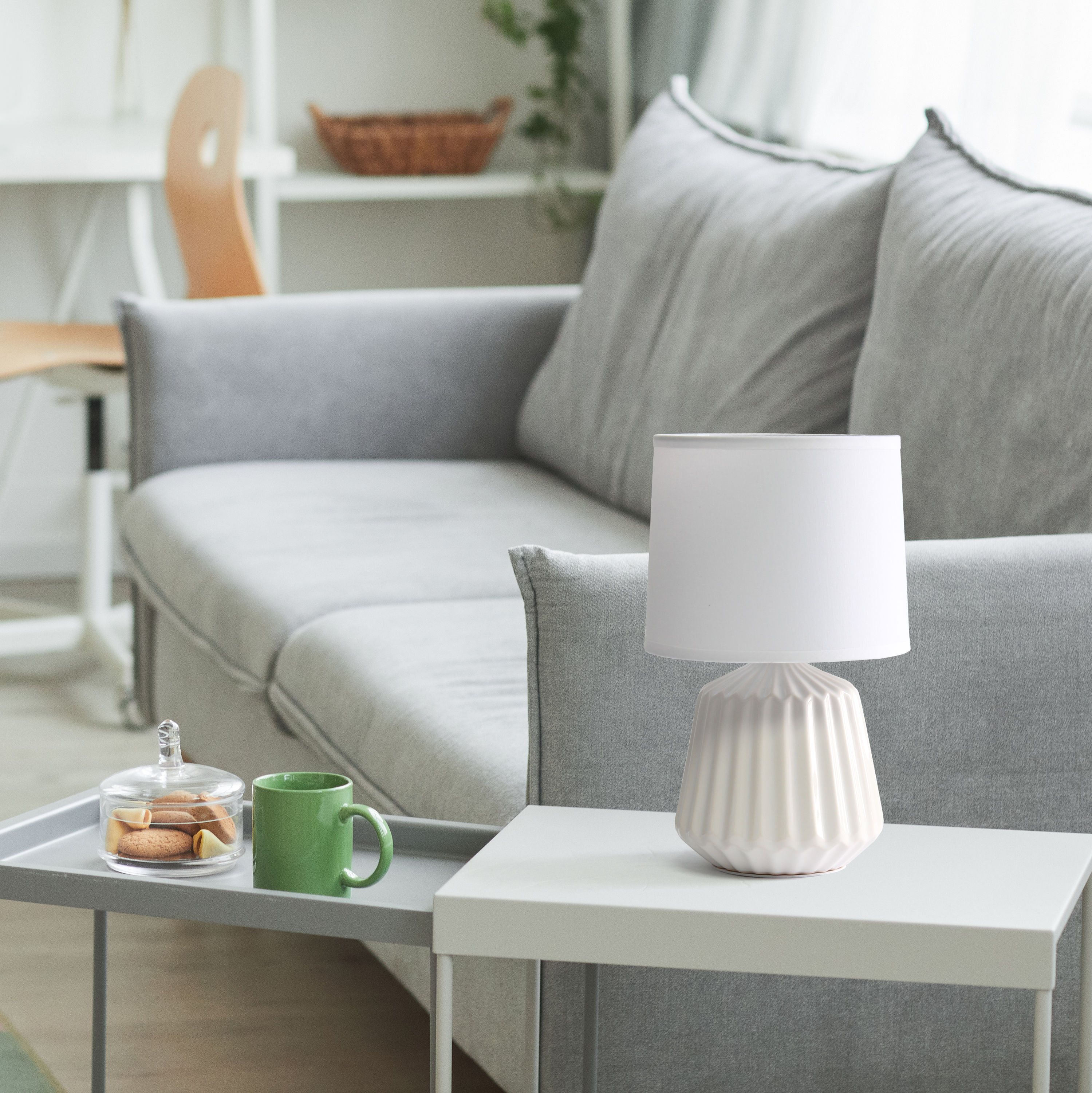 Petite White Ceramic Table Lamp with Pleated Base