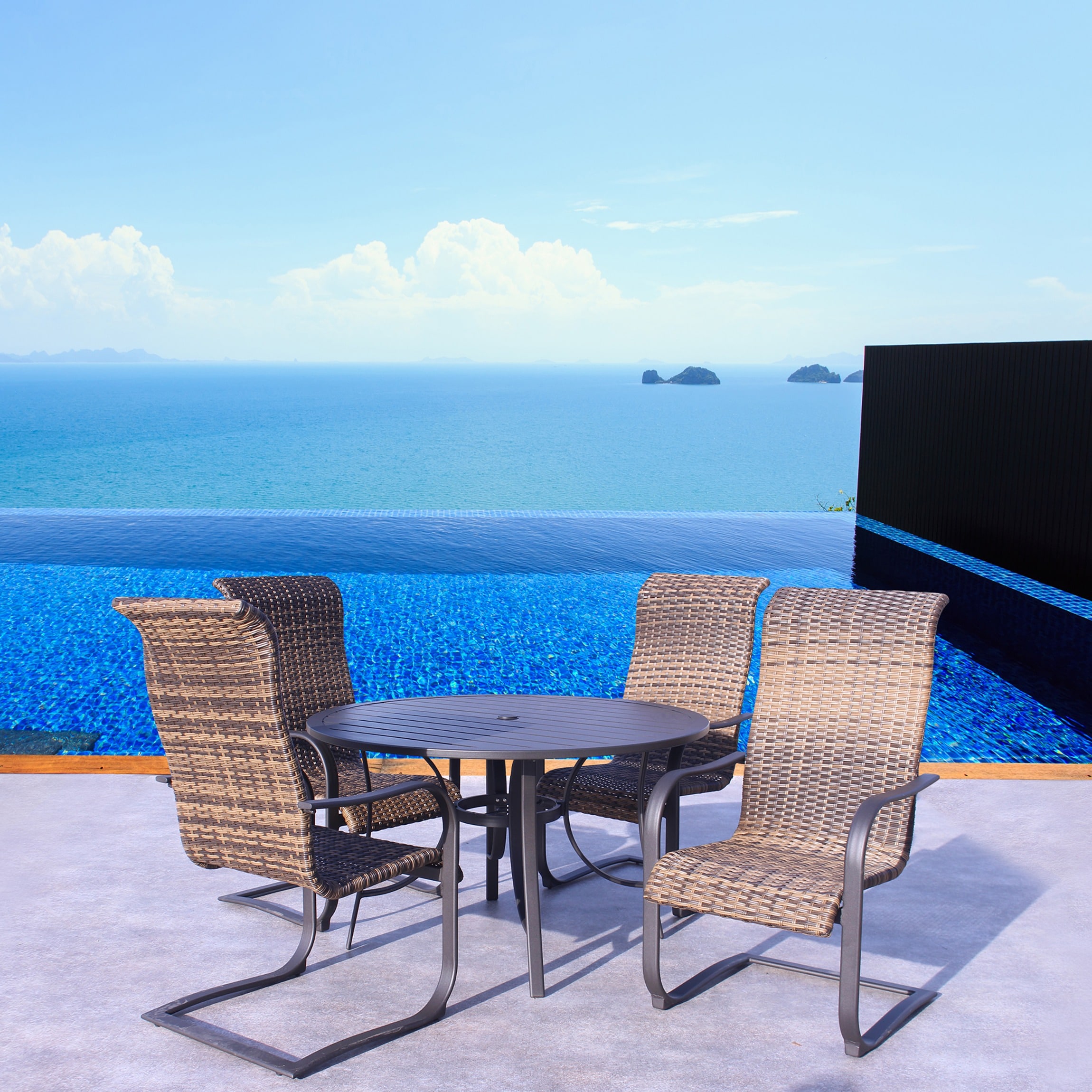 Courtyard Casual 5705 Santa Fe - Java 5 -Piece Java Brown Wicker Patio Dining Set Aluminum Round Table with 4 Spring Motion Chairs