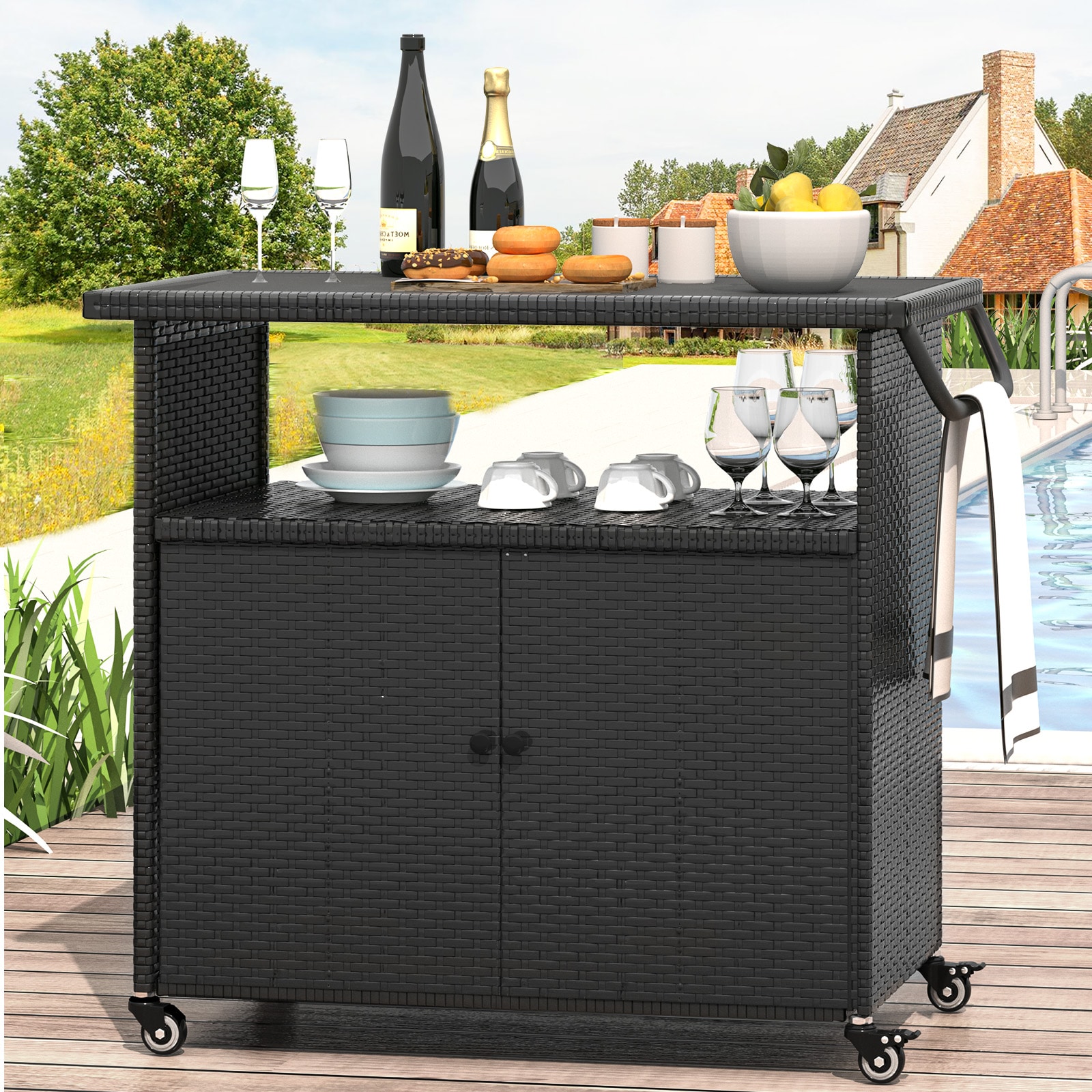 AECOJOY  Wicker Outdoor Storage Cabinet with Wheels for Garden