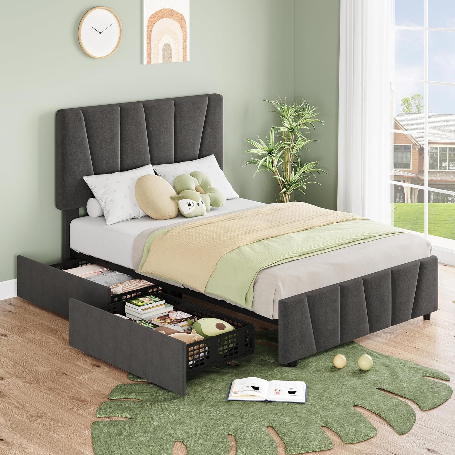 Qeetex LHF-BED-PHO-103KYJ7C Twin Size Bed Frame with Adjustable Headboard and 2 Storage Drawers Soft Upholstered Platform Bed Frames with Wooden Slats Support No Box Spring Needed Dark Grey