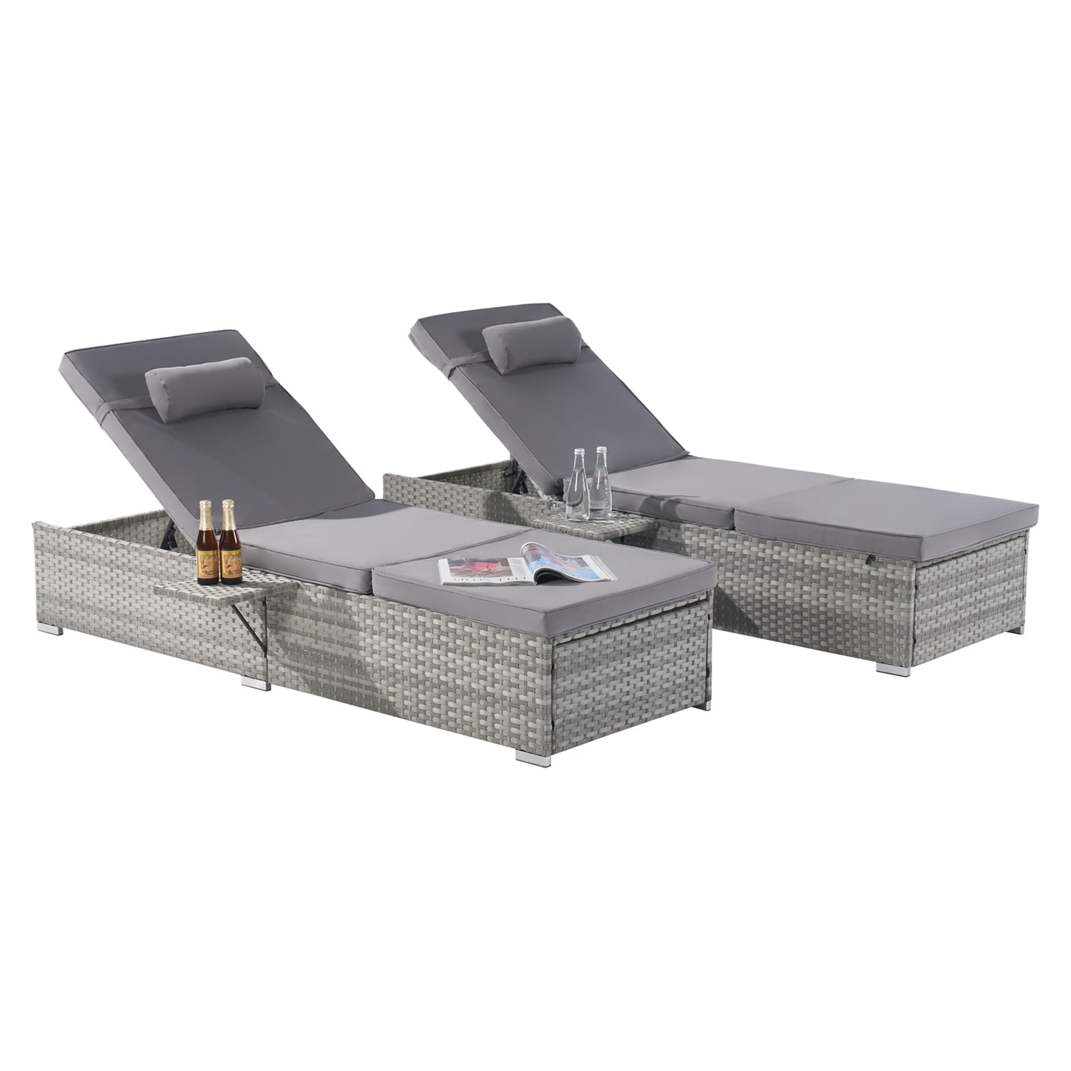 SINOFURN SYB670026GY Set of 2 Rattan Gray Metal Frame Stationary Recliner Chair with Gray Cushioned Seat