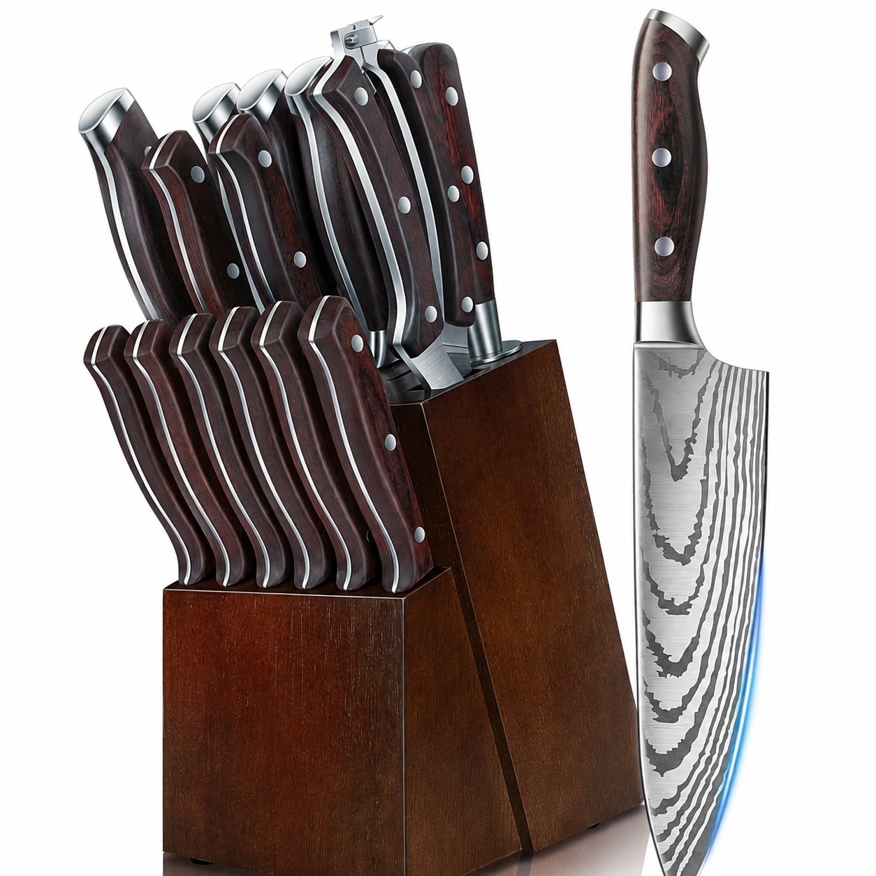 Aoibox  16 Piece Japanese High Carbon Stainless Steel Knife Block Set with Pakkawood Handle and Laser Pattern