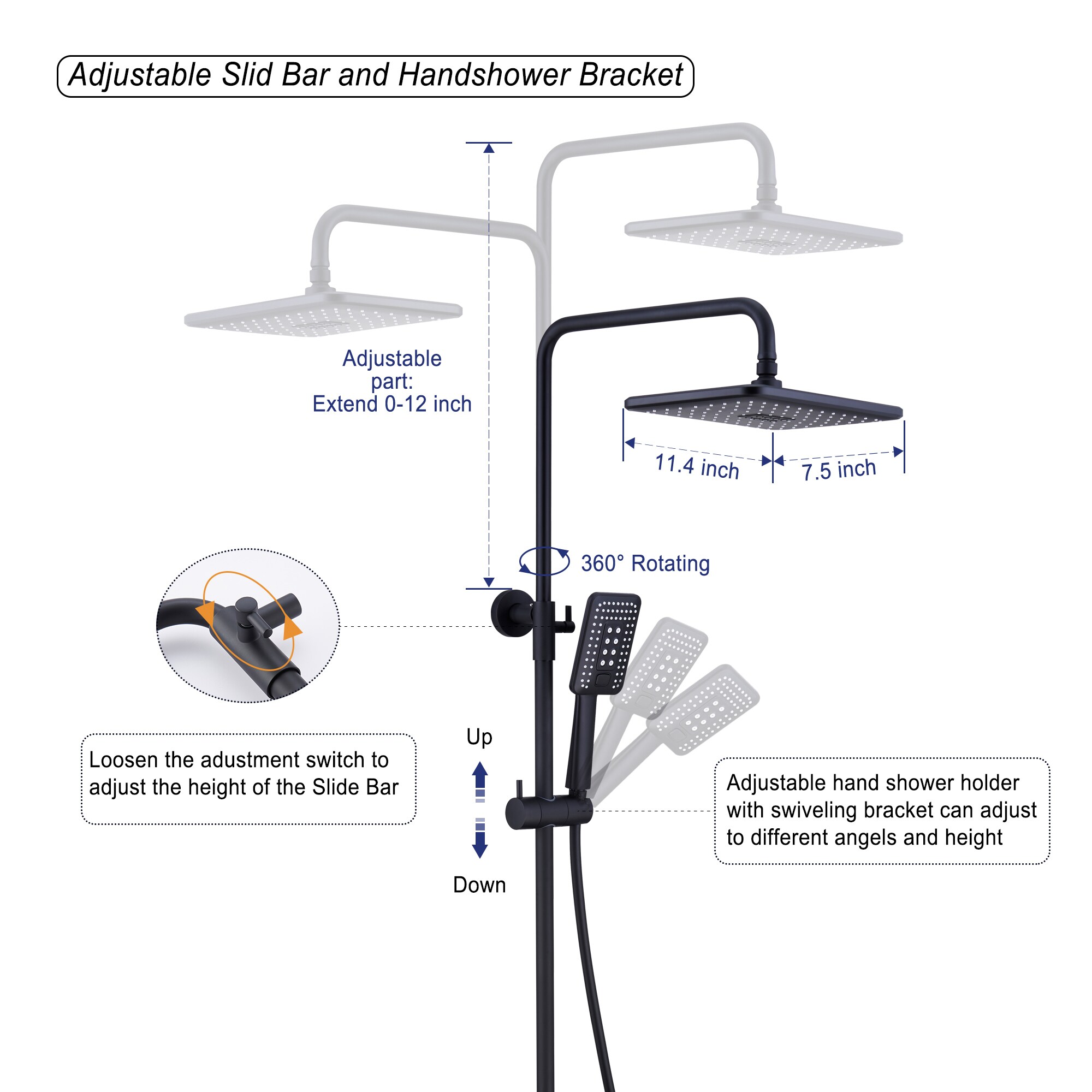 Matte Black Adjustable Height Rain Shower System with Handheld