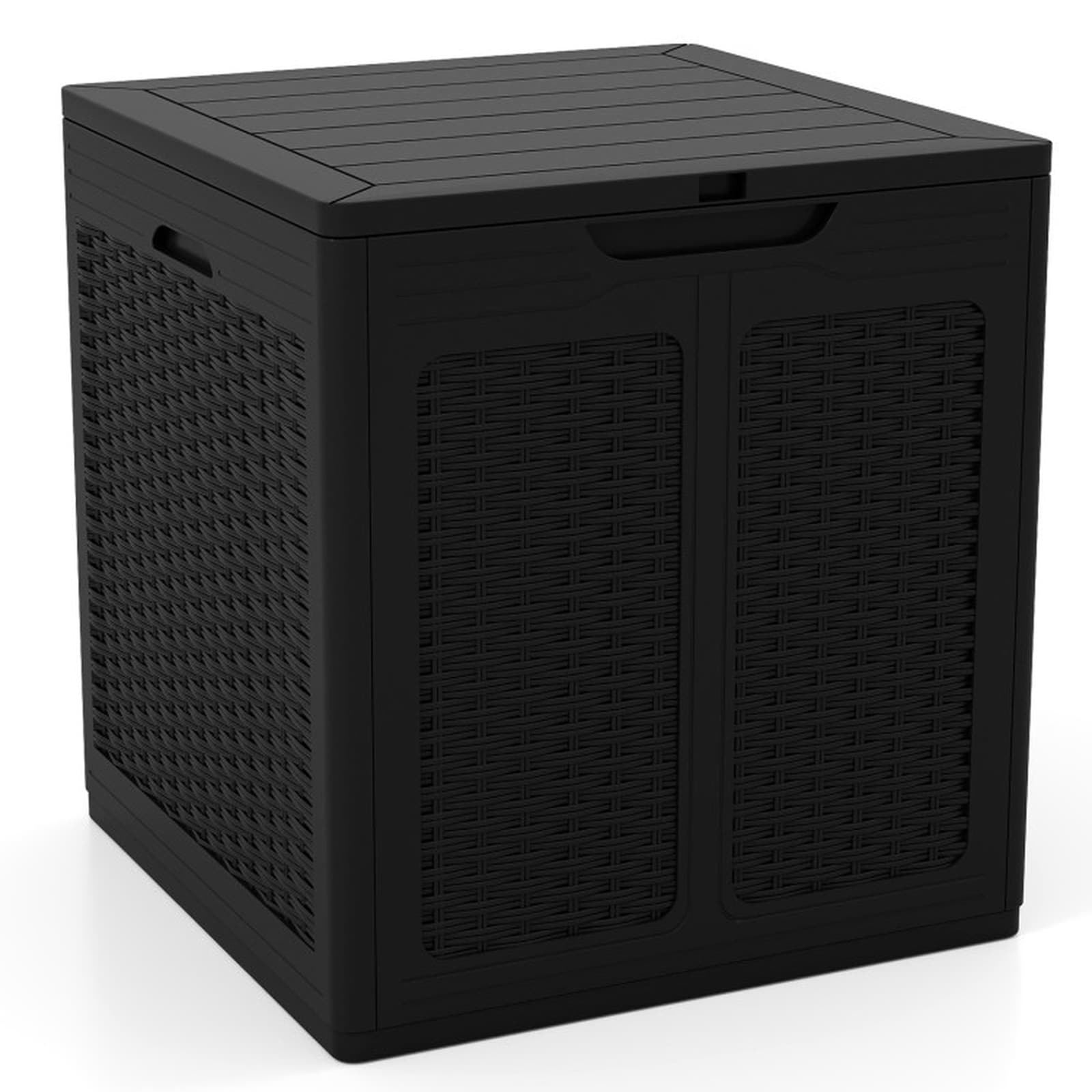 SUGIFT - 39 Gallon Deck Box Outdoor Storage Box with Lockable Lid Wood Rattan Texture and 180-lb ...