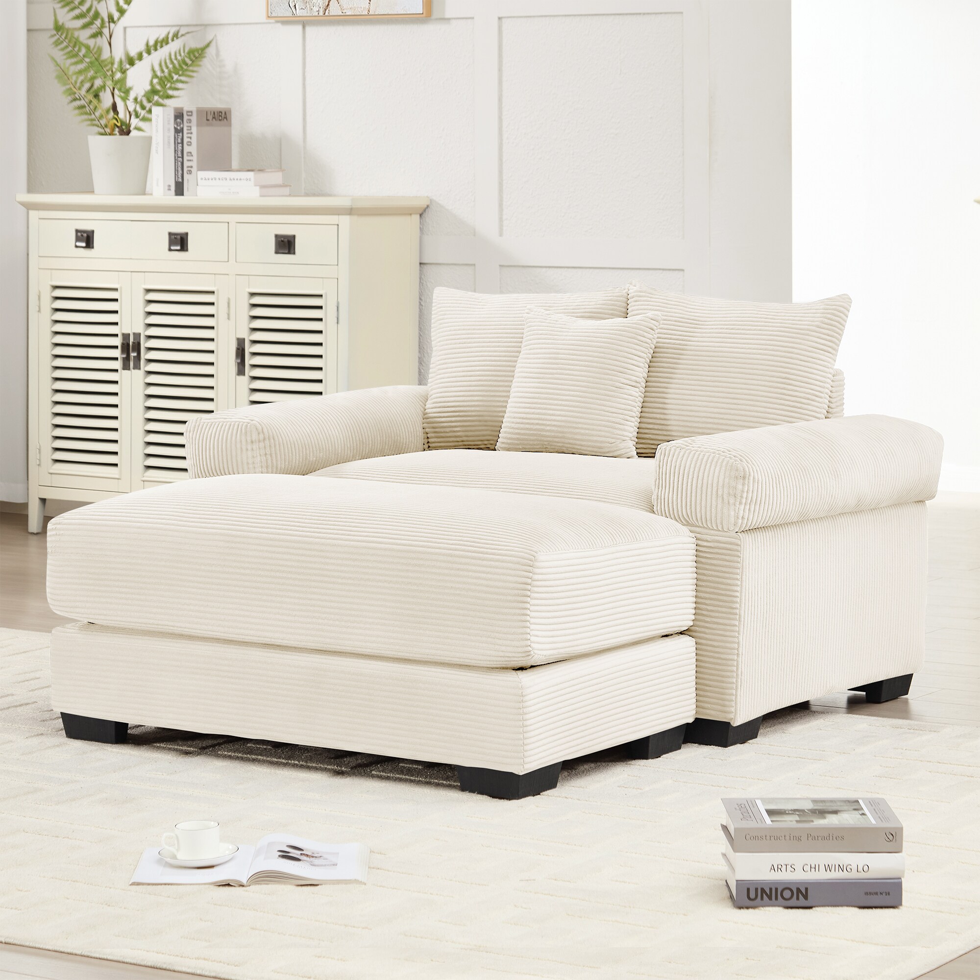 Homy Casa W714-A-OW RELAXT Oversized Cloud Sectional Sofa 54.3 inch Corduroy Fabric Extra Thick Armrests Ergonomic Design Deep Seating Modular Layout in Off-White
