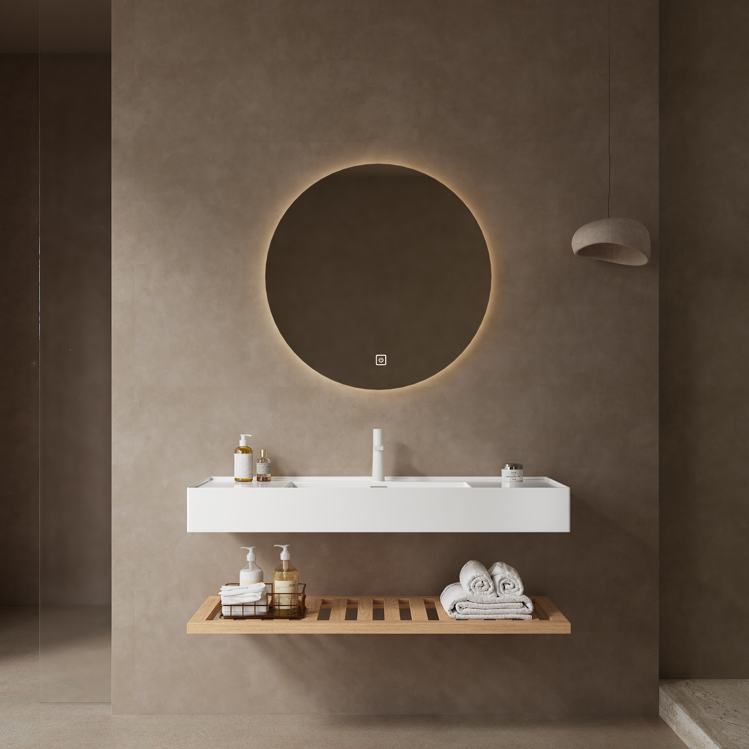 LUXEYARD LEDE 48in Bathroom Vanity with Vessel Sink Wall-Mounted Floating White Rectangular Acrylic Integrated Basin without Faucet Striped Shelves Layer Natural Woodgrain Color