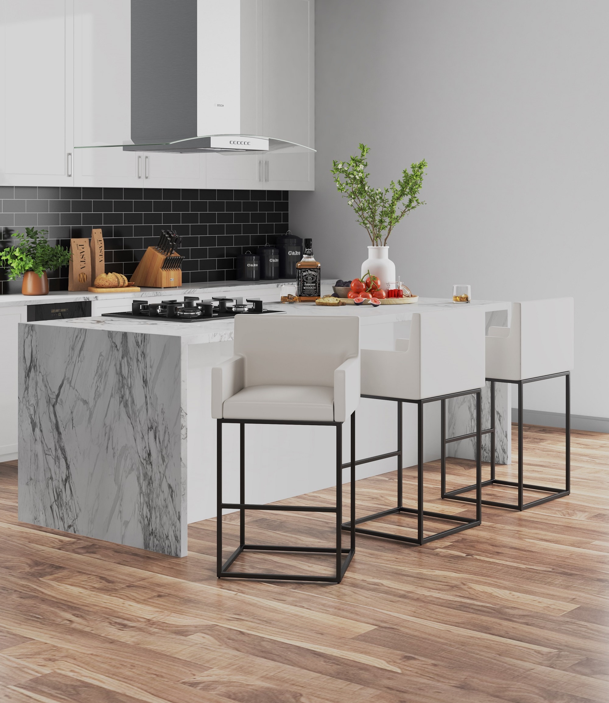 Manhattan Comfort 3-CS010-CR Ambassador 3 -Set Cream and Black 26-in H Counter height Square seat Upholstered Metal Bar Stool with Arms and Back