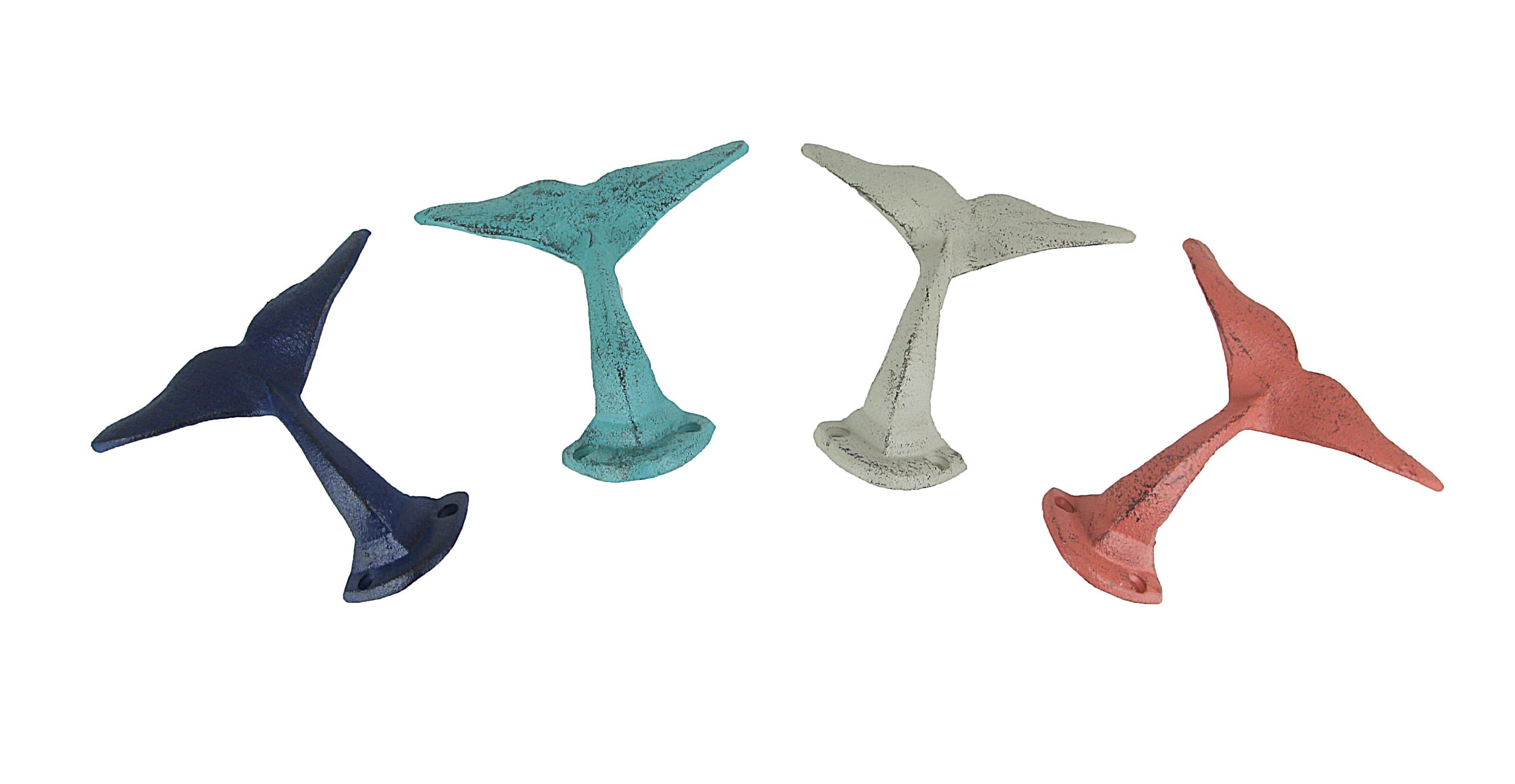 Zeckos ZKO-99006 Set of 4 Cast Iron Whale Tail Wall Hooks Nautical Decorative Towel or Coat Hanging Beach House Coastal Accent Decor