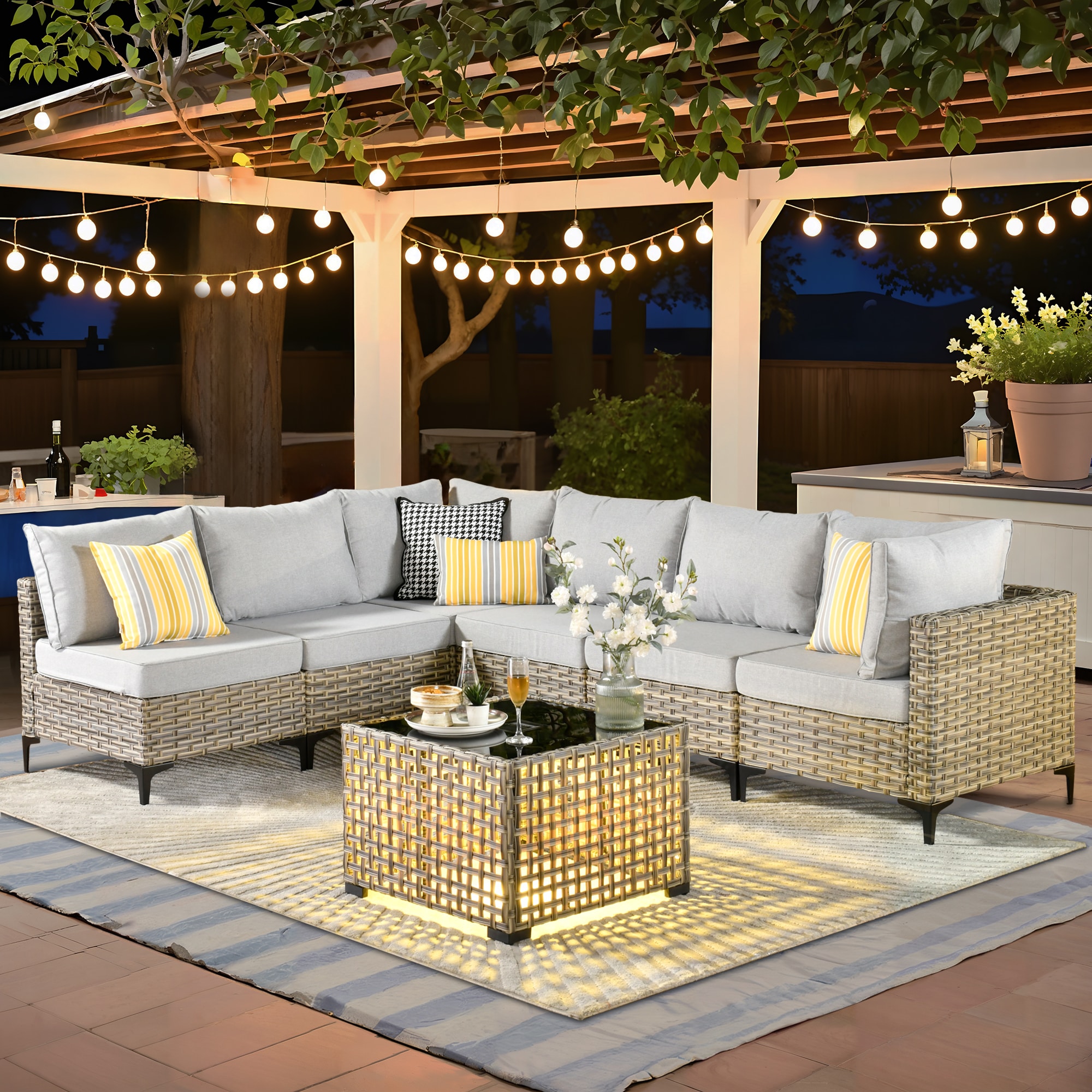weaxty DSCRRS407 Lotus Wicker Outdoor Sectional with Gray Cushions and Steel Frame