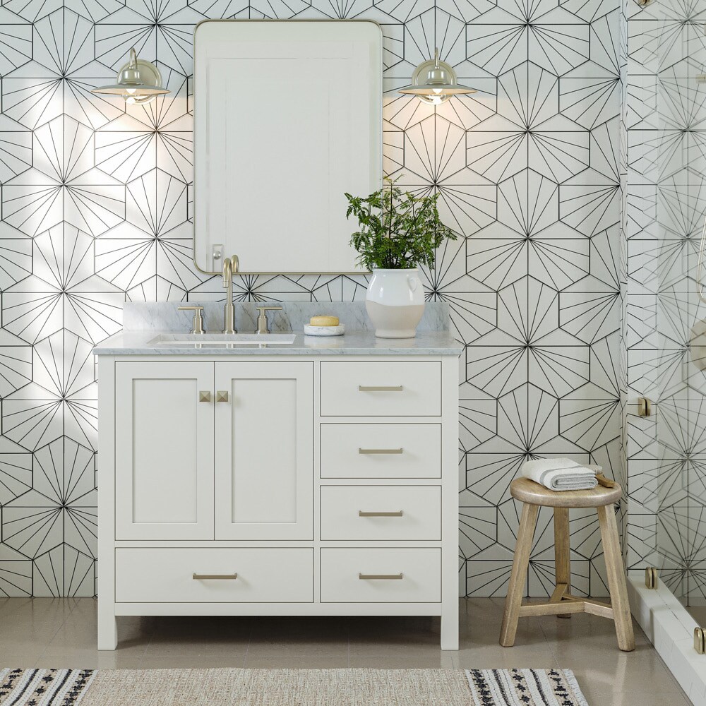 ARIEL Cambridge 43-in White Single Sink Bathroom Vanity with White Natural Marble Top (Mirror Included)
