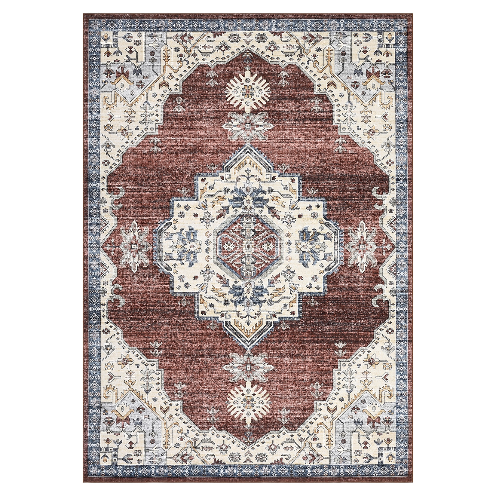 Qeetex 9 x 12 ft Polyester Towel Pile Beige Red Rectangular Hallway Bathroom Entryway Kitchen Office Foldable Flower Printed Persian Washable Area Rug