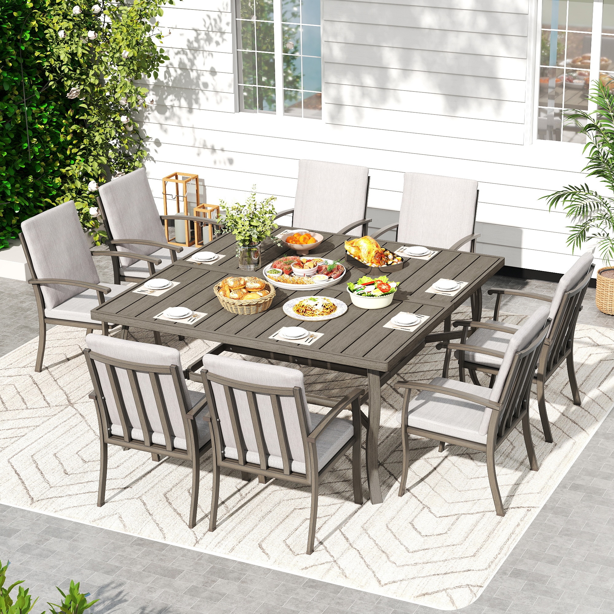 9 -Piece Gray Patio Dining Set Aluminum Square Table with 8 Gray Cushions Stationary Chairs