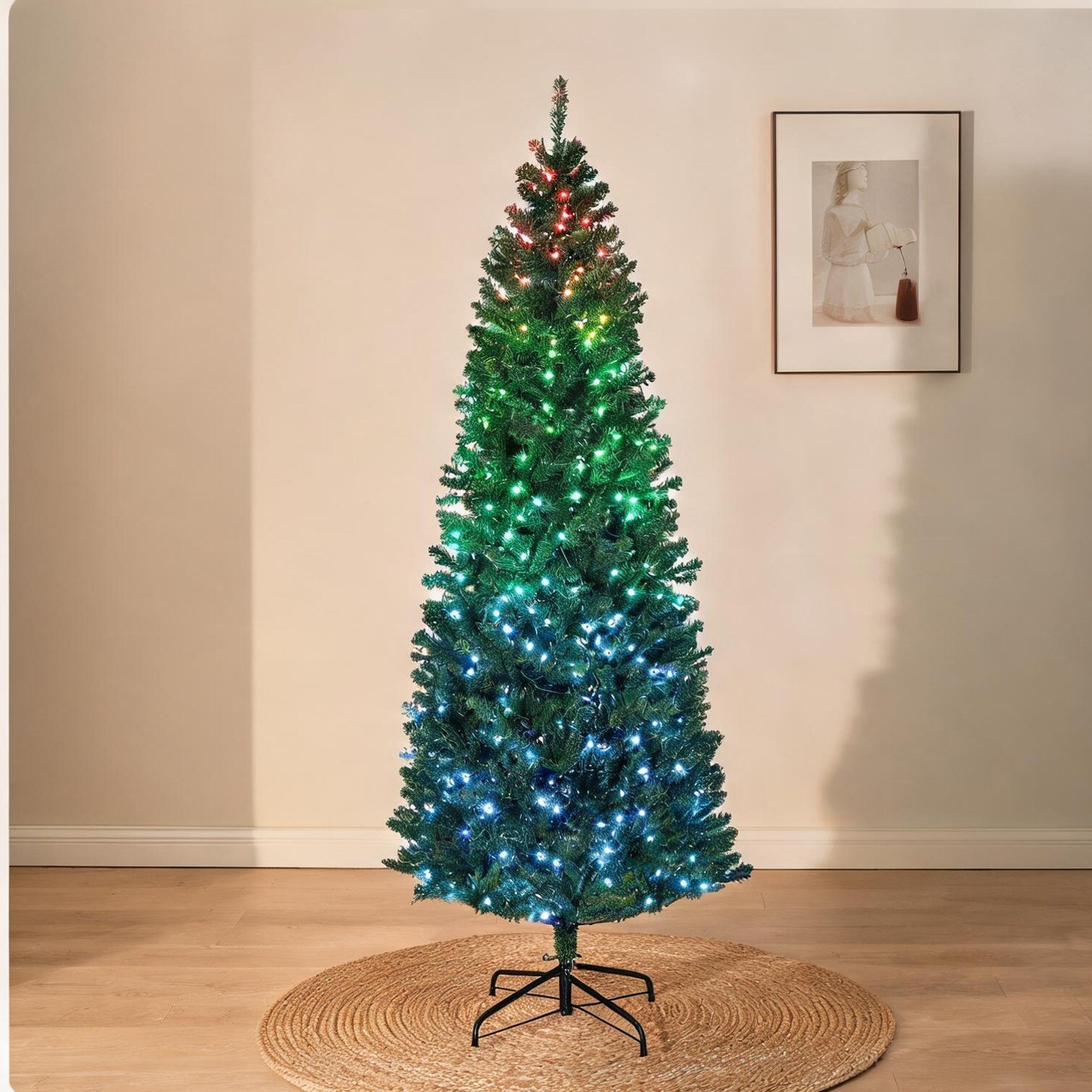 Watnature Green Slim Artificial Christmas Tree with 350 Multicolor LED Lights and Remote 7 ft