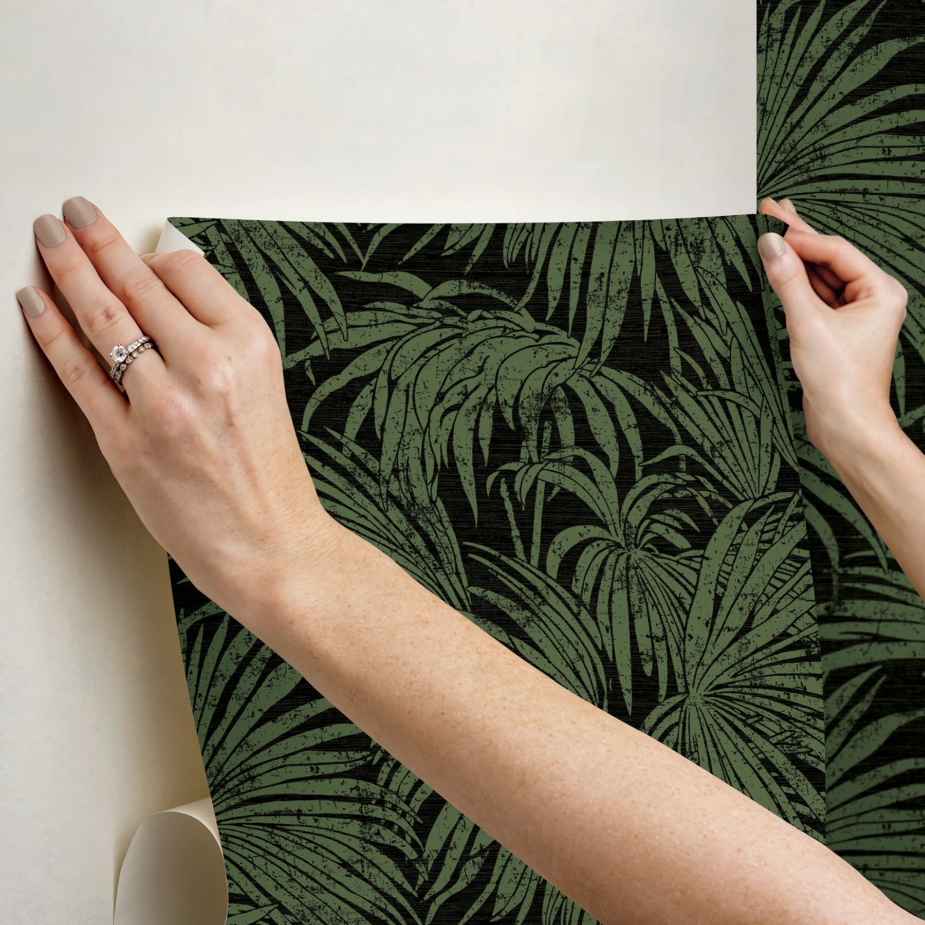 Green and Beige Vinyl Palm Leaf Peel and Stick Wallpaper