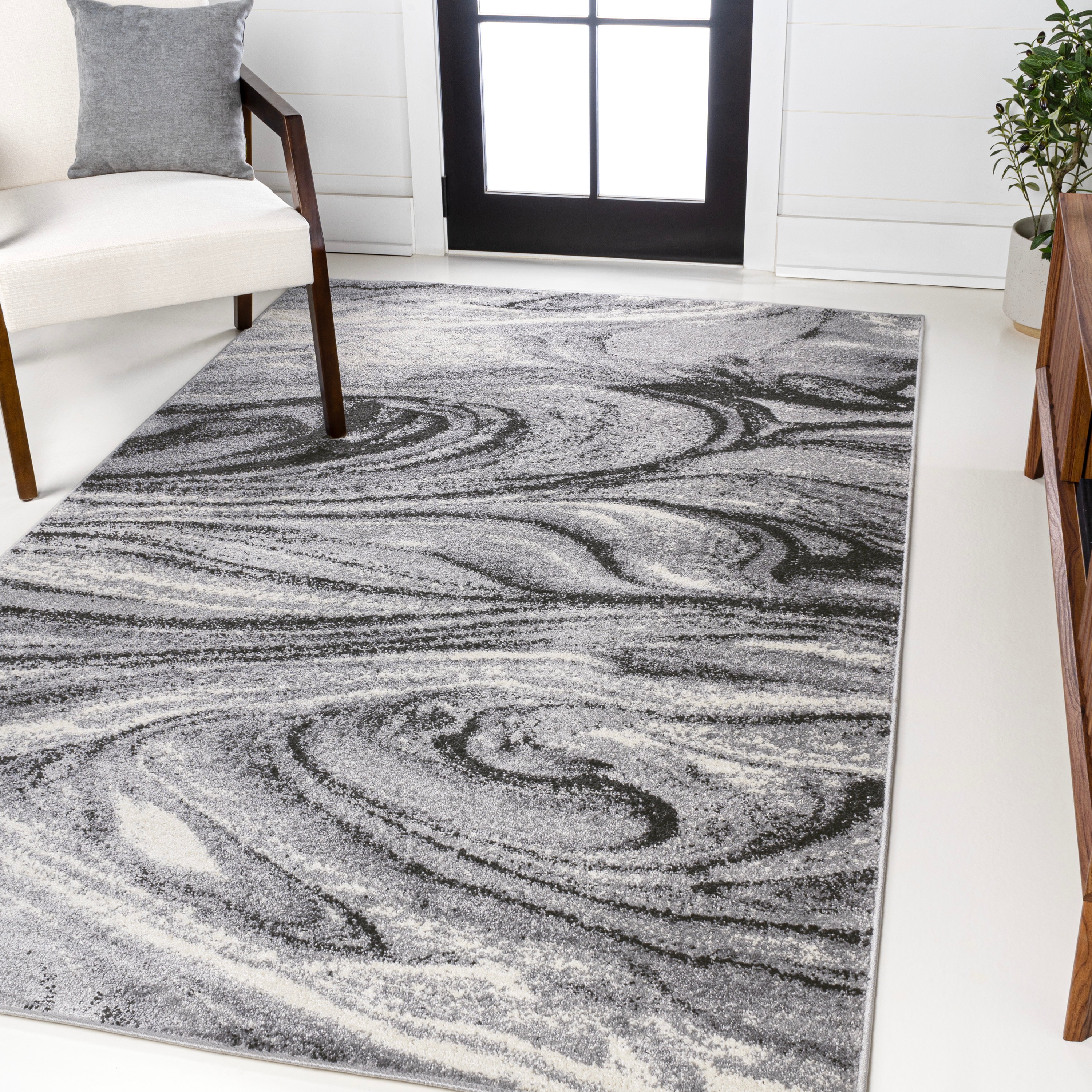 JONATHAN  Y SEU207A-8 SUPERSOFT Viscon Abstract Marble 8 x 10 (ft) Loomed Polypropylene Light Gray/Black Rectangular Indoor Abstract Mid-Century Modern Area rug