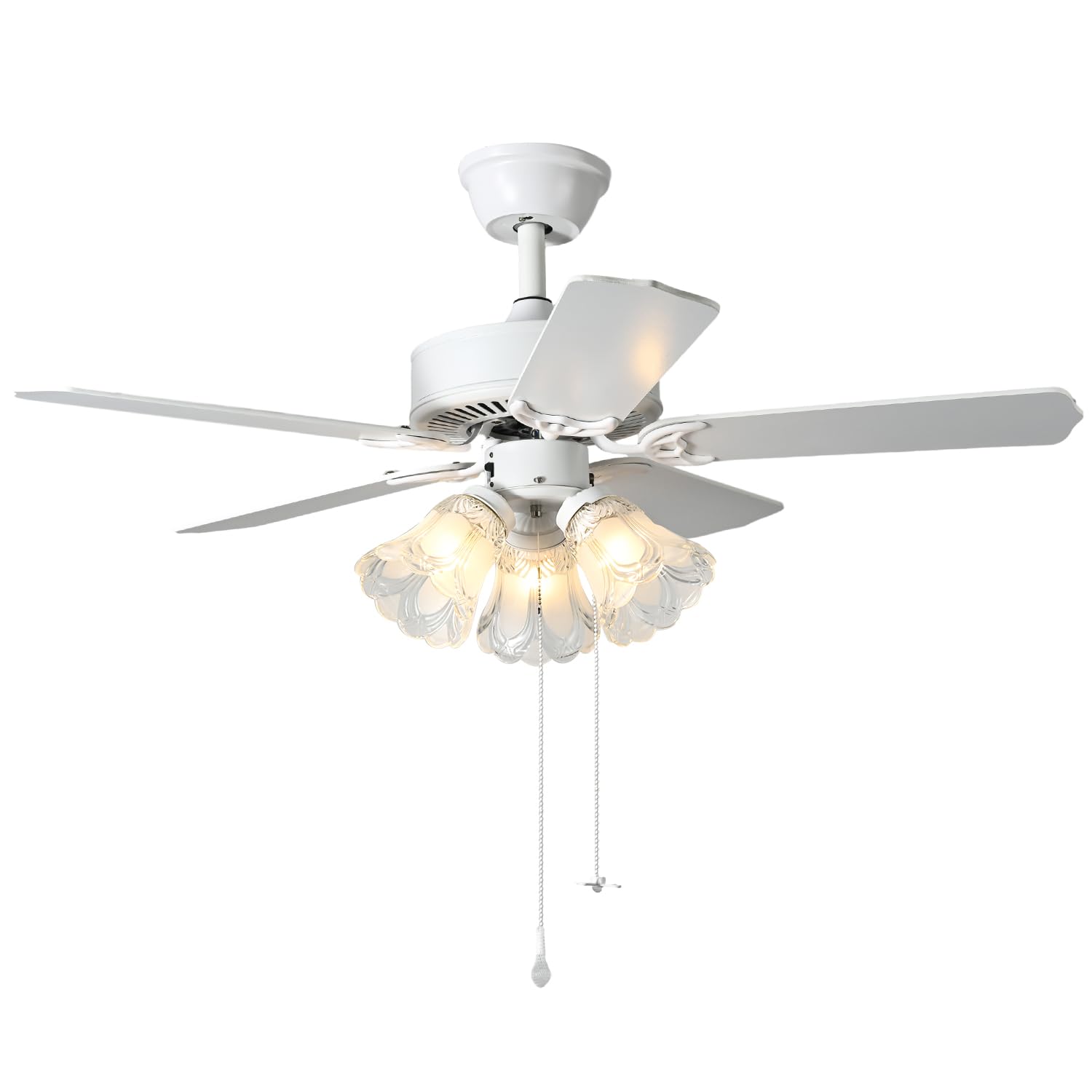 Anqtovp  42 Inch Indoor Ceiling Fan with Pull Chain and Three Light Bulb Base Traditional Three Speed Reversible Blades White