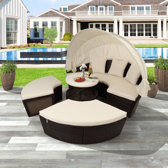 Clihome Outdoor Round Patio Sun Bed, Outdoor Wicker Patio Furniture Round Canopy Bed Daybed