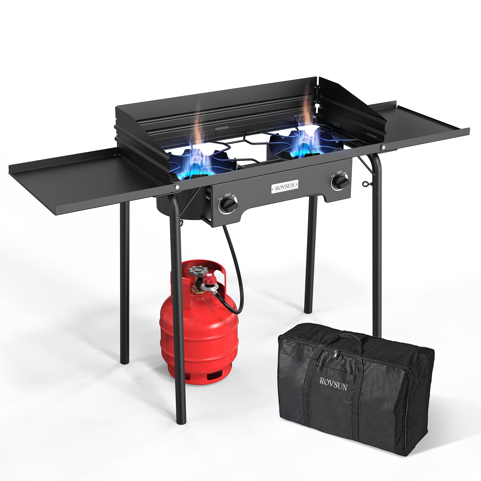 ROVSUN Outdoor Stove 2-Burner 150000 BTU Propane Gas Stove with Regulator Windpanel Side Shelves and Bag