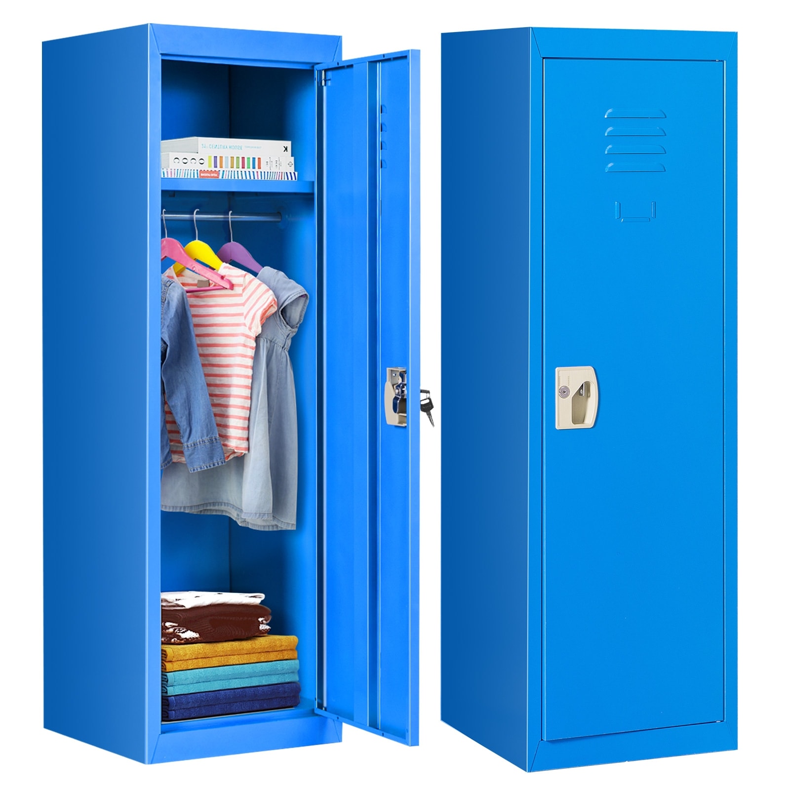 Slickblue D-CO-LB20265WH Blue 48inch Metal Locker with Two Compartments Hanging Rod and Lock For Kids
