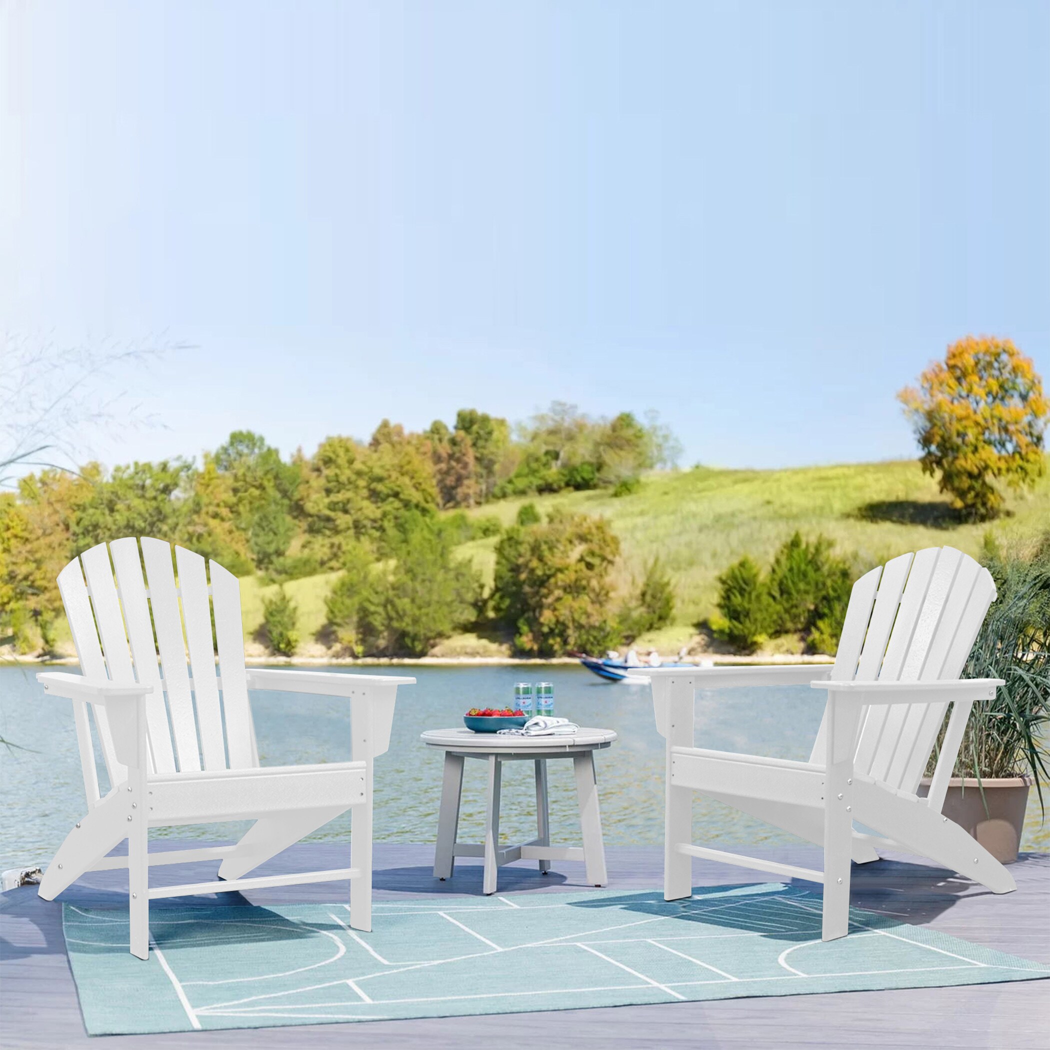 Unity UF-OTM003WH Set of 2 White Plastic Frame Stationary Adirondack Chair with Solid Seat