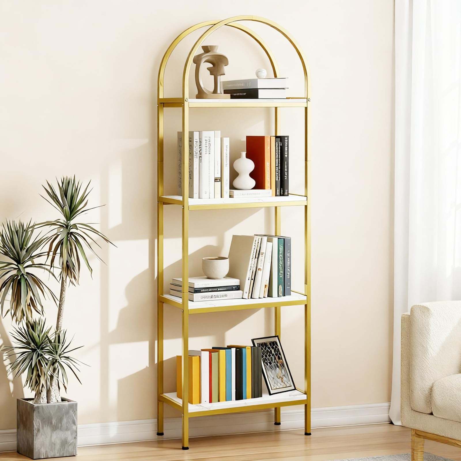 IdealHouse Tall 4-Tier Arched Bookshelf with Metal Frame/ Open Storage ...
