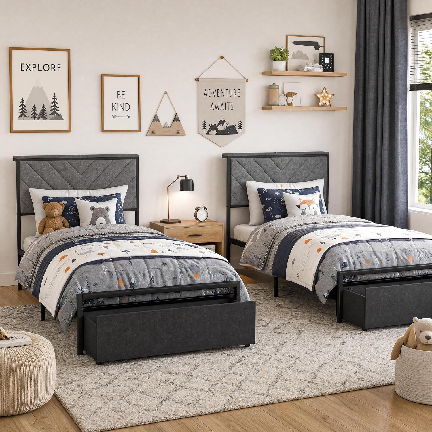 GAOMON 2 Pack Twin Metal Bed Frame with Charging Station Storage Shelf ...