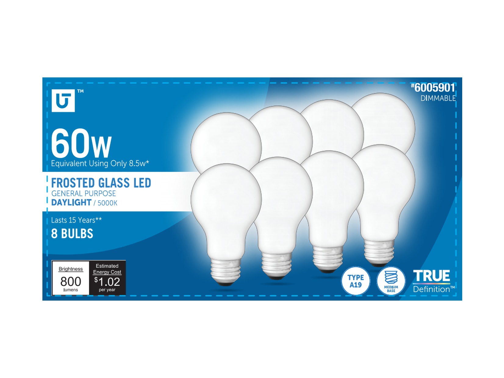 Utilitech 5A19DG8.5WOP50K8PB 60 -Watt EQ A19 Daylight E26 Dimmable LED General purpose Light Bulb 8 -Pack