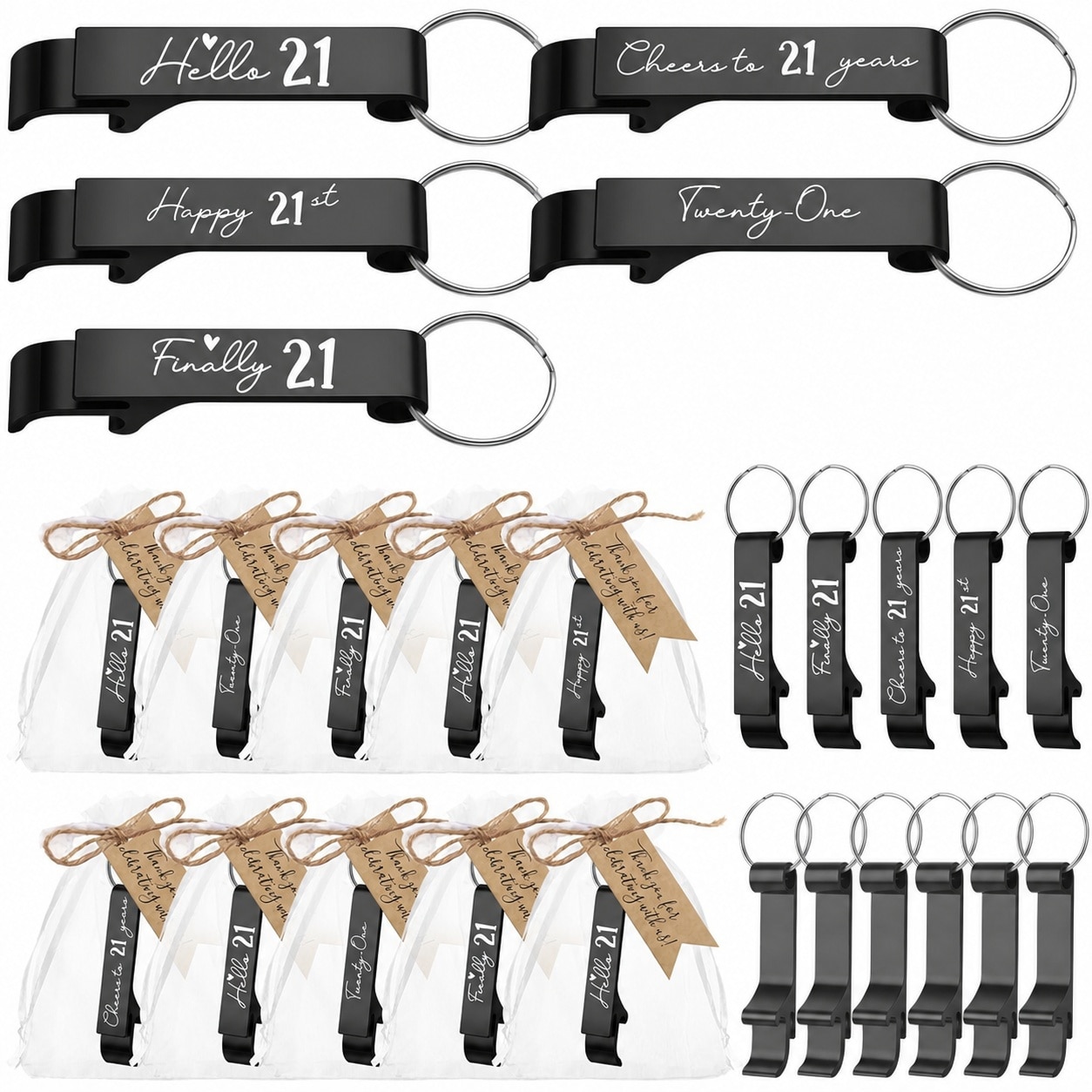 Aoibox  25 Piece Black Alloy Bottle Opener Keychain Set with Thank You Tags and Organza Bags for 21st Birthday Party Favors