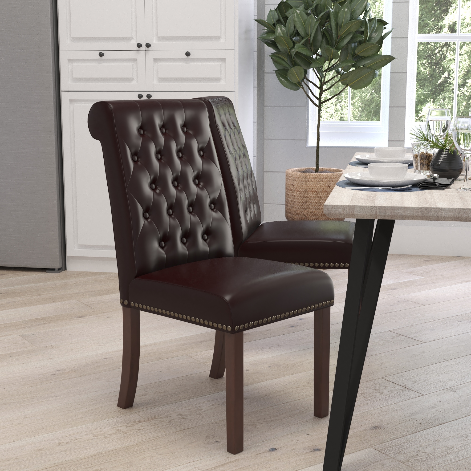 Merrick Lane - Falmouth Upholstered Parsons Chair with Nailhead Trim in Brown Faux Leather