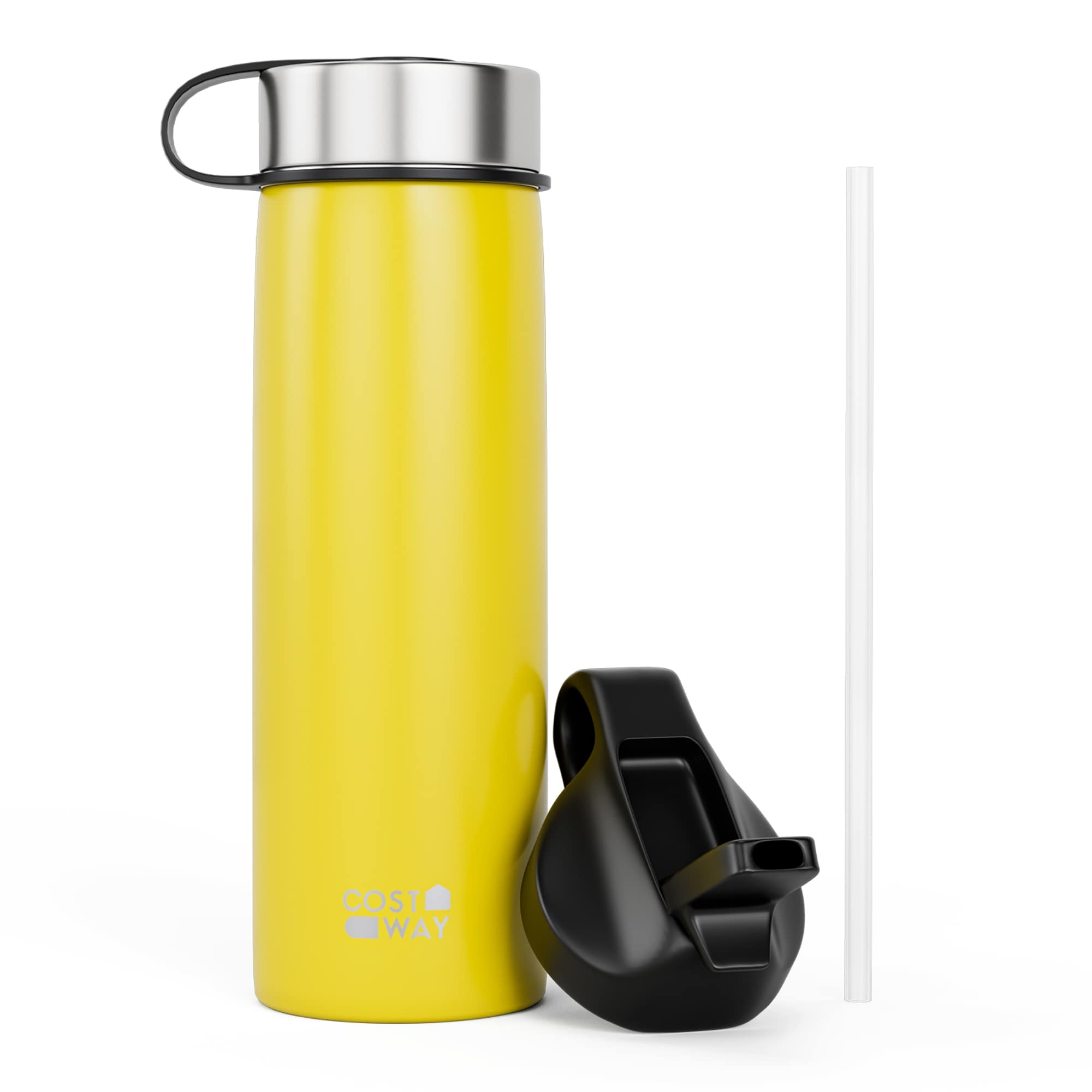 Costway -  22 oz Double Wall Insulated Water Bottle Stainless Steel w/ 2 Lids and Straw