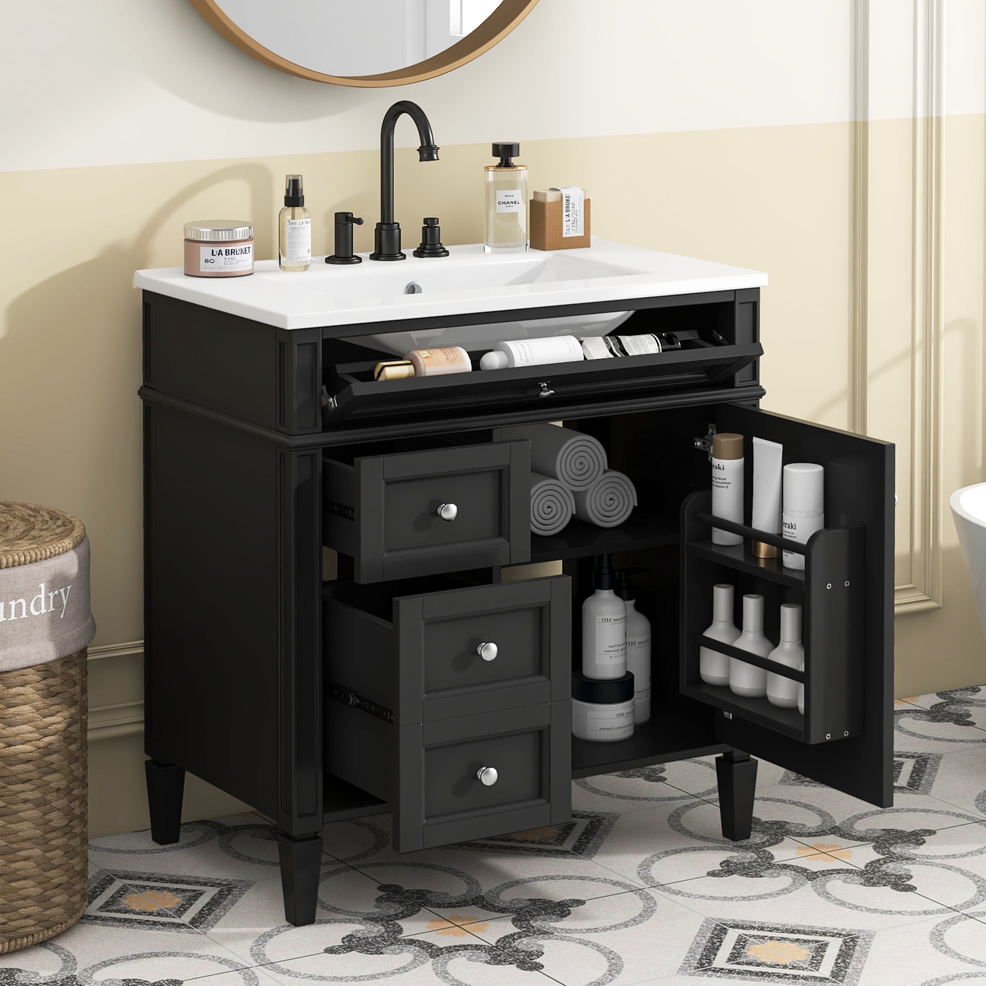 FAVSH  30 Inch Bathroom Vanity with Top Sink Modern Bathroom Storage Cabinet with 2 Drawers and Tip Out Drawer Single Sink Bathroom Vanity