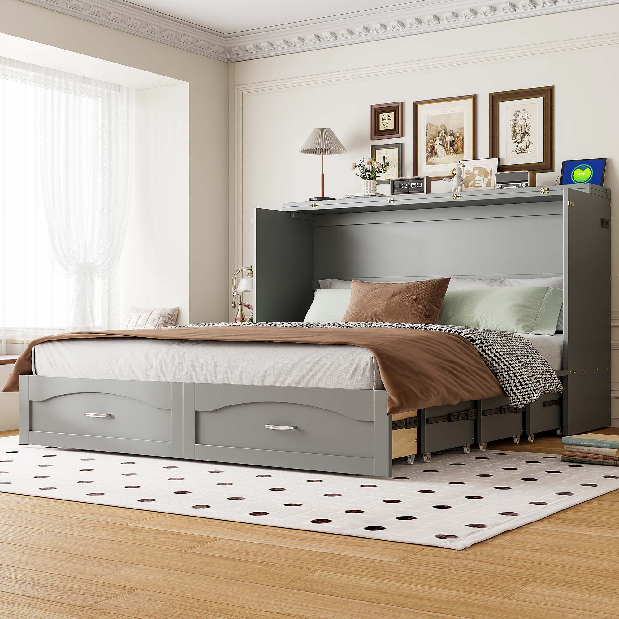 ModernLuxe LP000671AAE Assembly Required Queen Size Murphy Bed Wall Bed with drawer and a set of Sockets  USB Ports Pulley Structure Design Gray