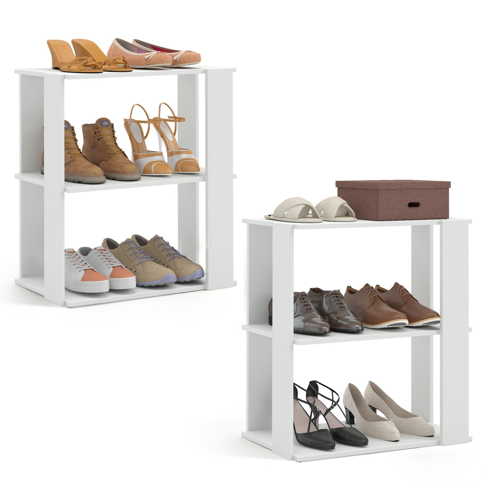 SUGIFT 3-Tier Shoe Rack Set of 2 in White with a Stackable Design and an Anti-Tipping Device 20.5-in Wide Closet Shoe Organizers Standing 23-in Tall With 35-lb per Tier and Only 6-lb Each for Closets Entryways and Bedrooms throughout the Home