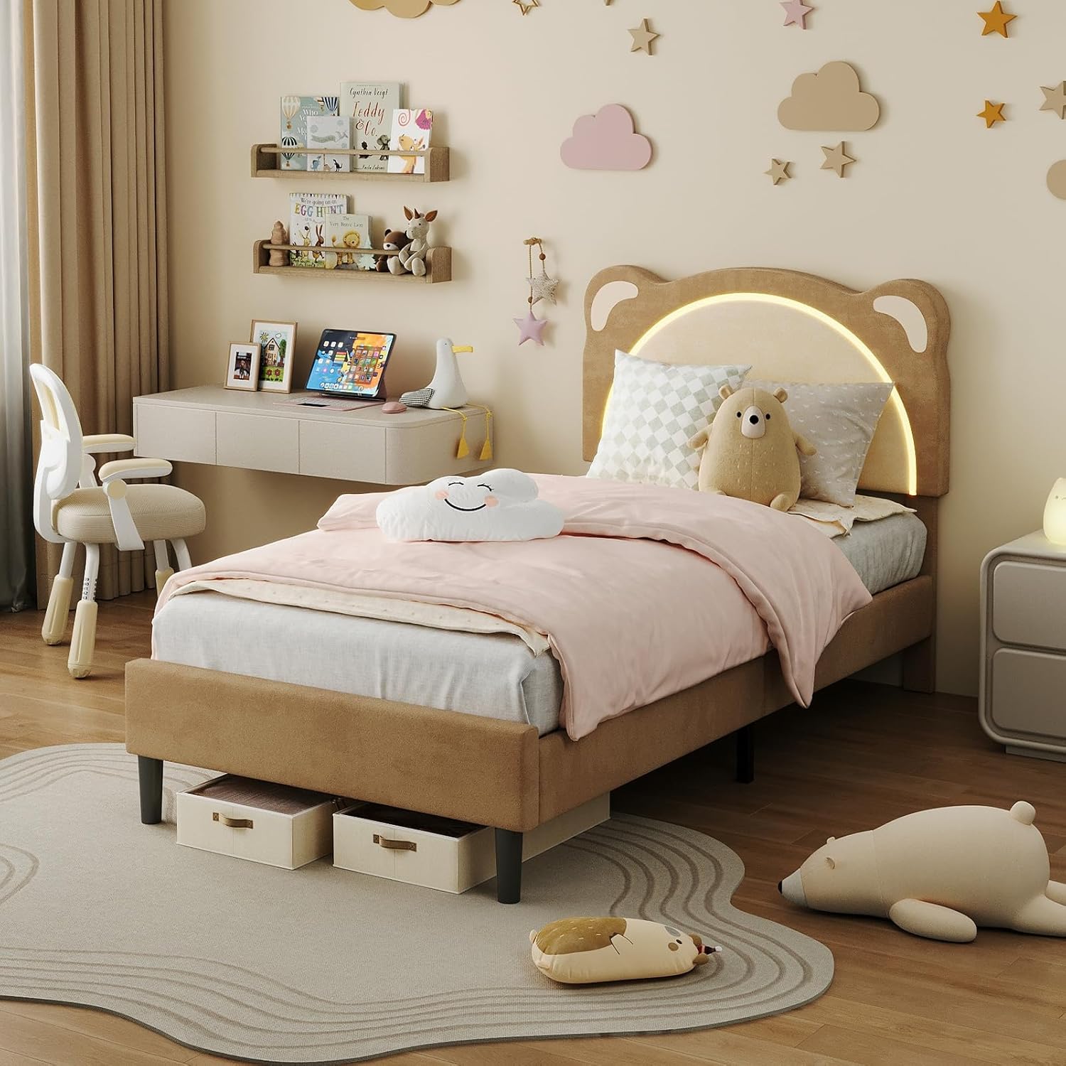 Qeetex LHF-BED-5915054 Twin Bed Frame Kids Upholstered Platform Bed Frame with Adjustable Headboard and Led Light Wooden Slats Support No Box Spring Needed (Coffee Twin XL)