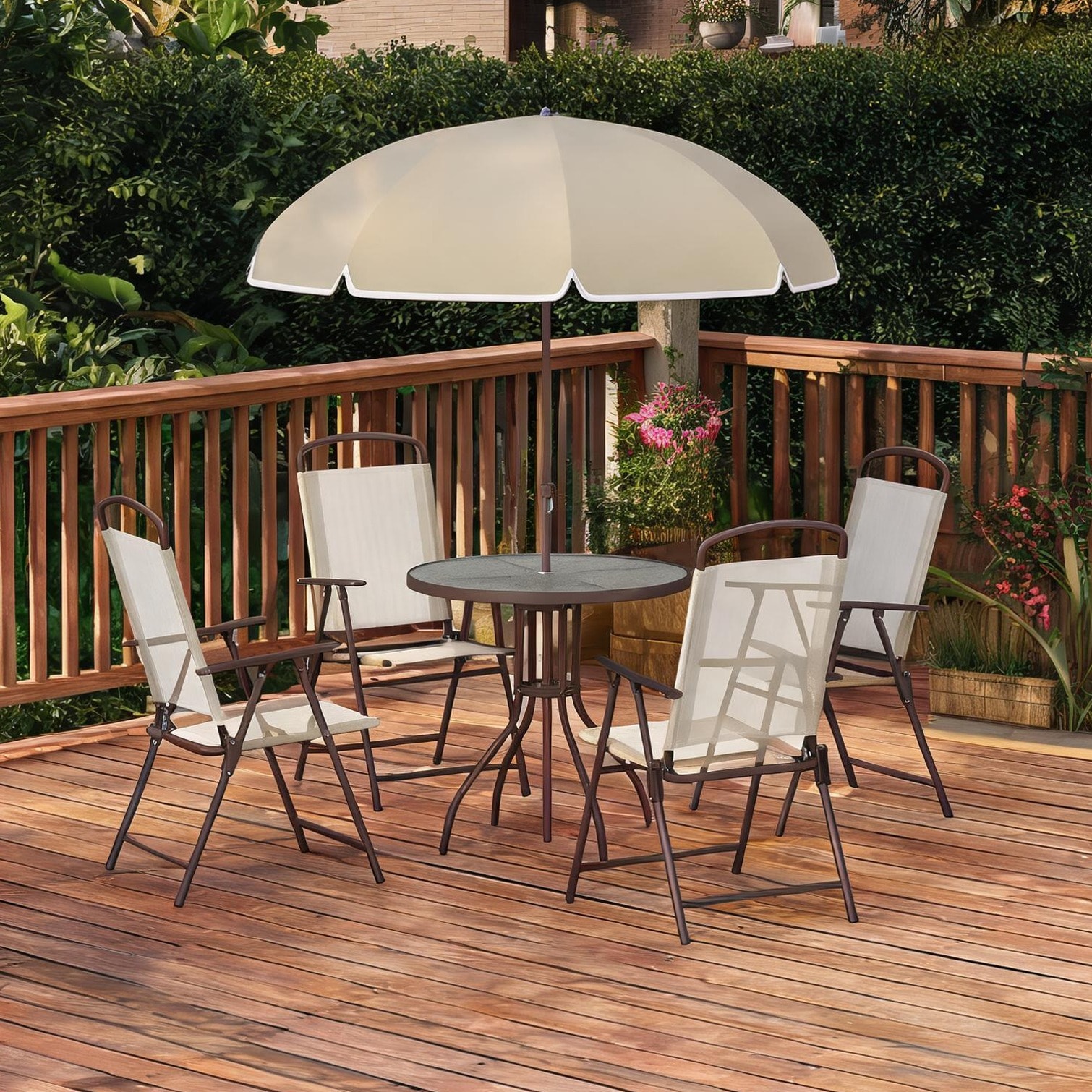 glass table patio set with umbrella Outsunny 8-Piece Dining 9 Ft Umbrella, Mixed Brown Walsunny 6 Pieces patio dining set is a great choice for your family and friends gathering Naturefalls Beige-Toned Contemporary 6-Piece Outdoor