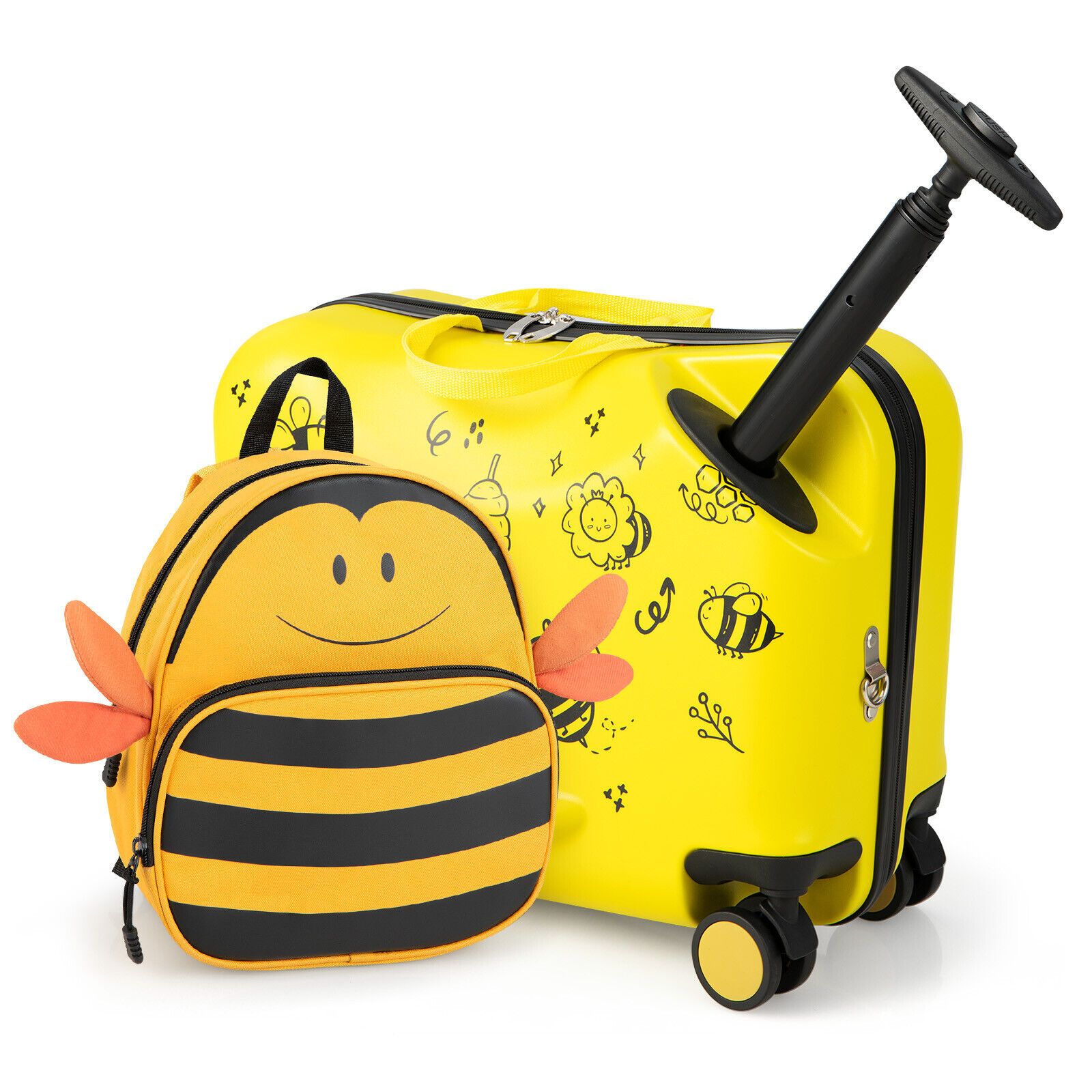 Slickblue Kids Ride-On Travel Luggage Set with Backpack - (18.5 x 10.5 x 10.5) ABS/PC Suitcase/Backpack for Airport and Flights - Yellow/Pink