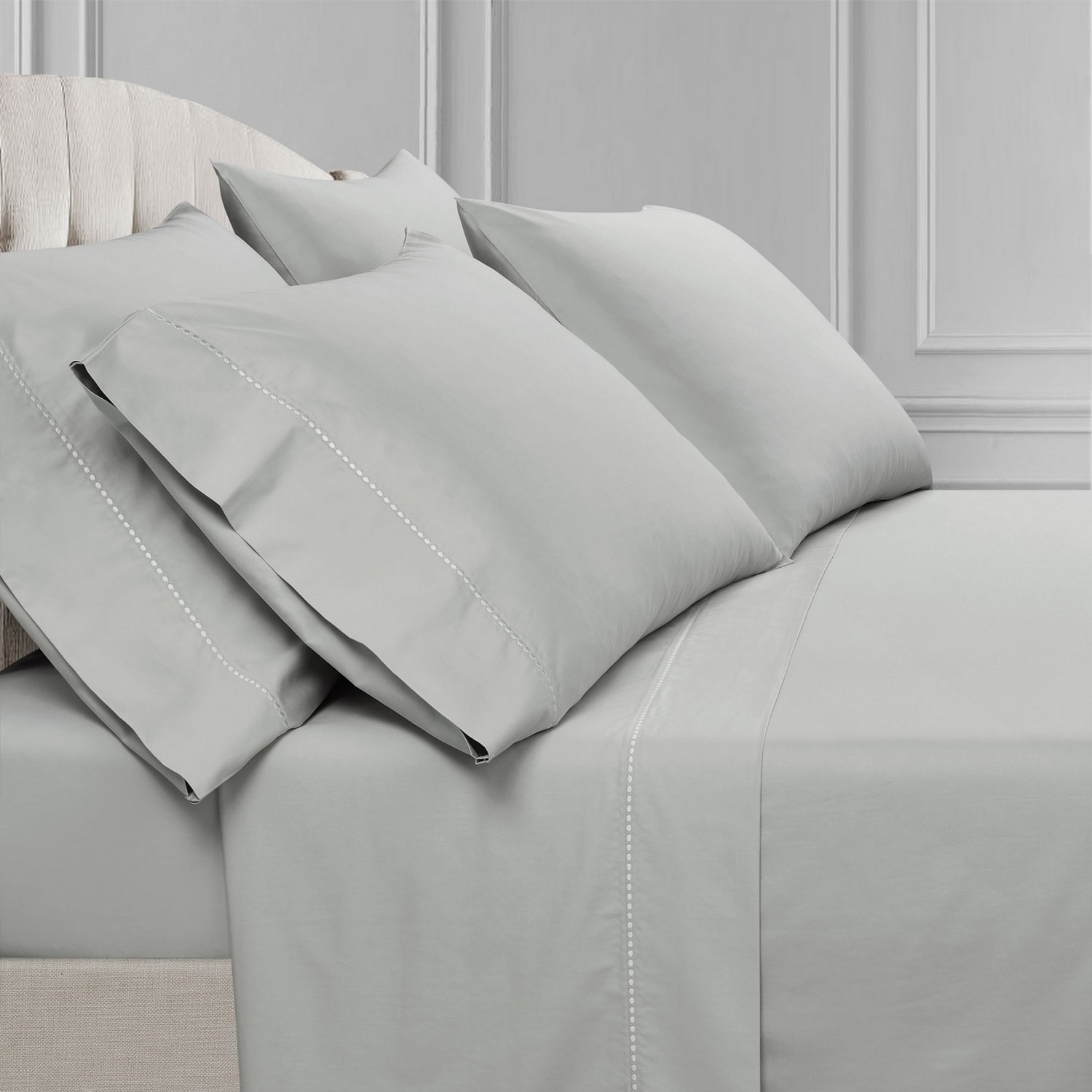 Light Gray Cotton King Sheet Set with Embroidered Hem