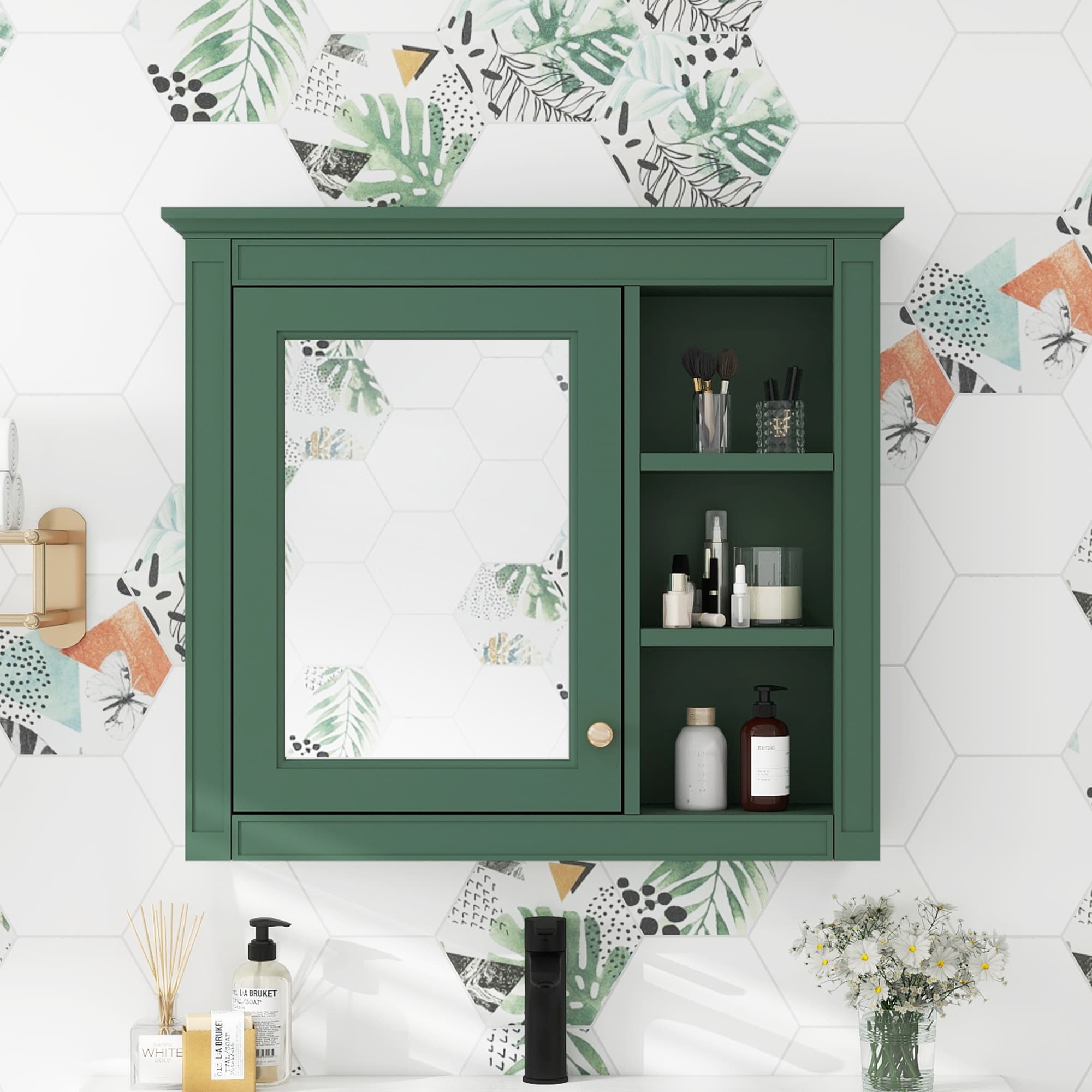 Afhocomp 29.92 in. W x 28 in. H Rectangular Surface Framed MDF Medicine Cabinet with Mirror in Green