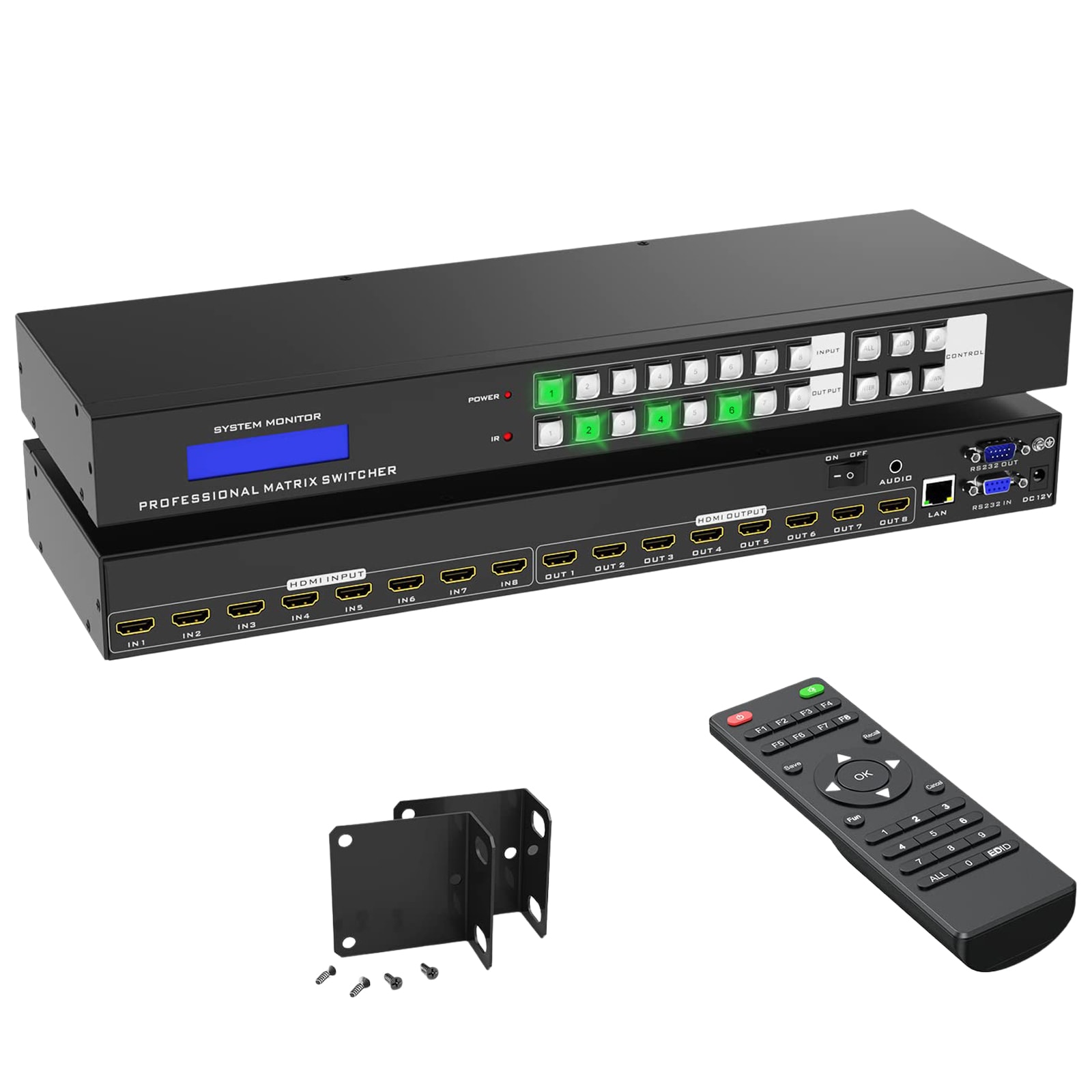 Etokfoks 8x8 HDMI matrix switch with web control LAN RS232 IR remote rack mount 4K 30Hz support and 3 5mm stereo audio output #LETM6J512