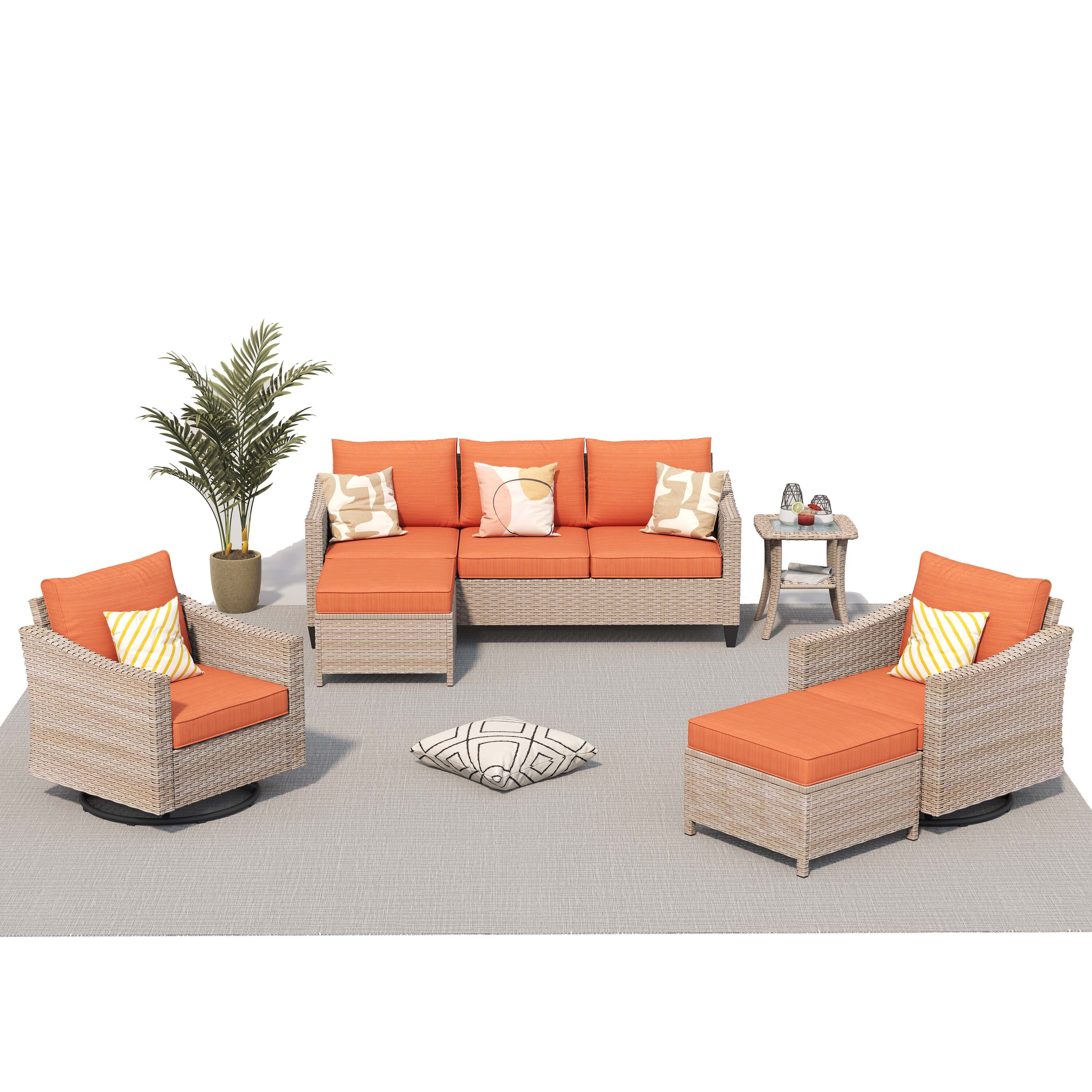 weaxty WXDARYZ06S8 Athena 6-Piece Wicker Patio Sofa Conversation Set with Orange Cushions