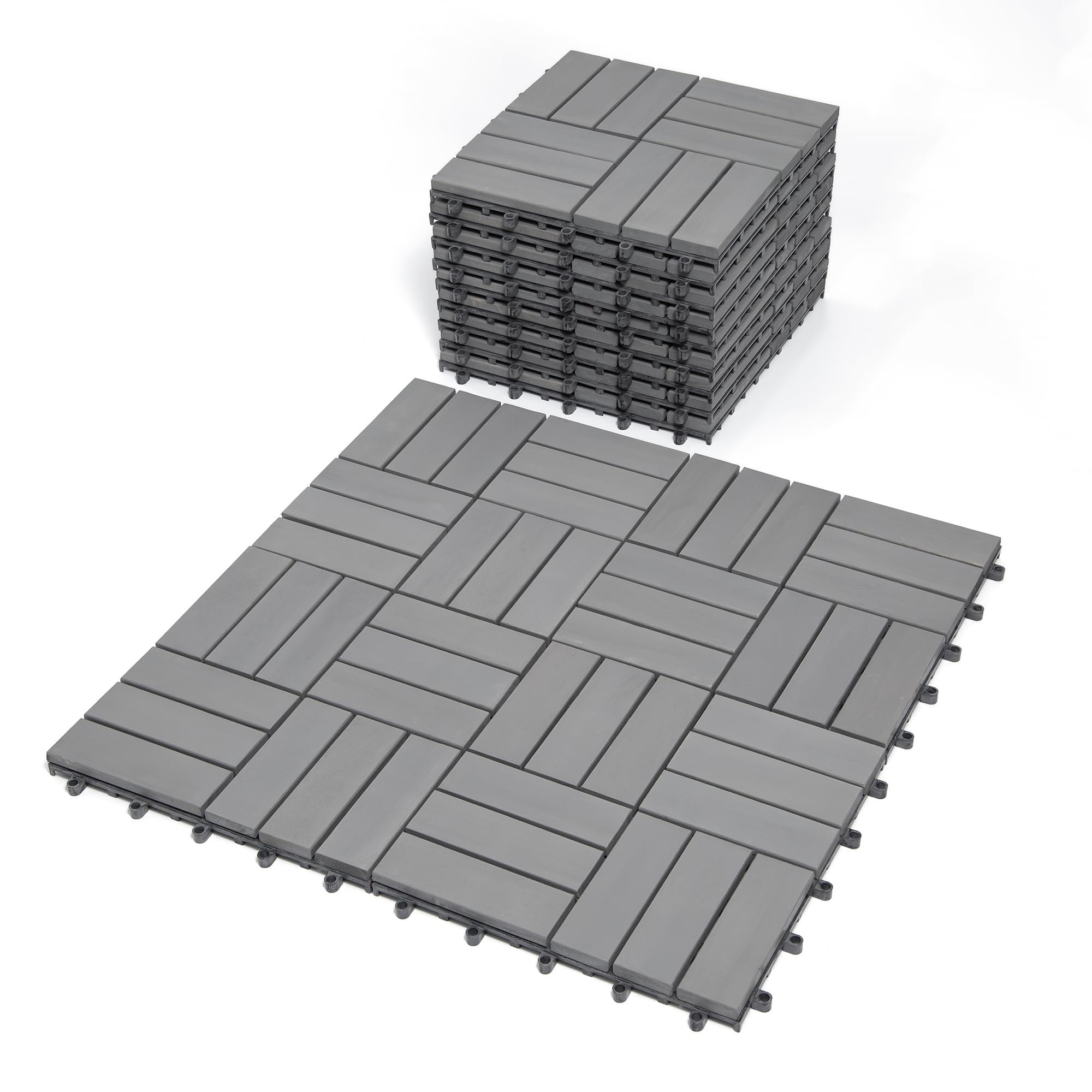 Numhew 12in x 12in 10-Piece Gray Acacia Wood Interlocking Deck Tiles