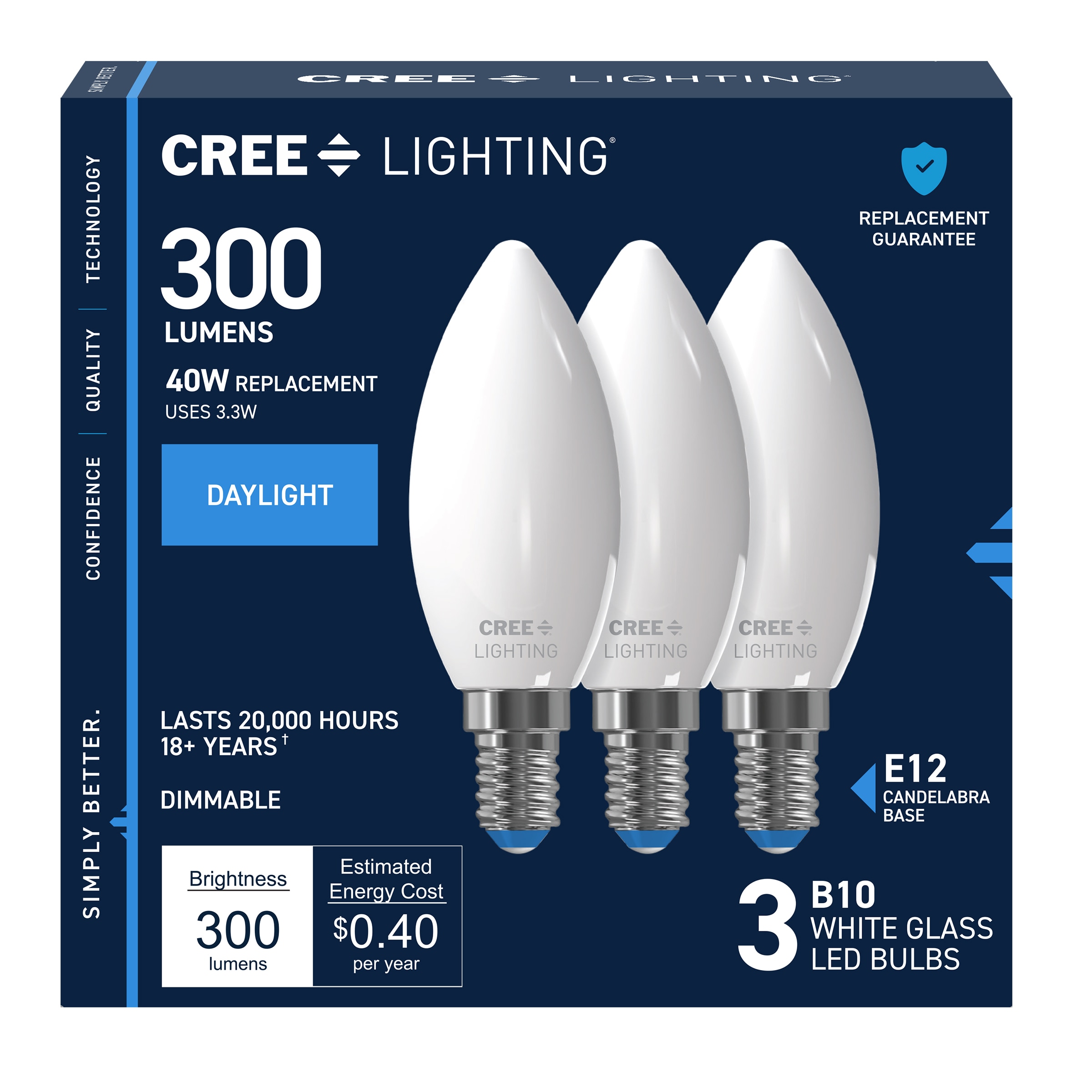 Cree Lighting 40 -Watt EQ B10 Daylight Candelabra screw base E12 Dimmable LED General purpose Light Bulb 3 -Pack