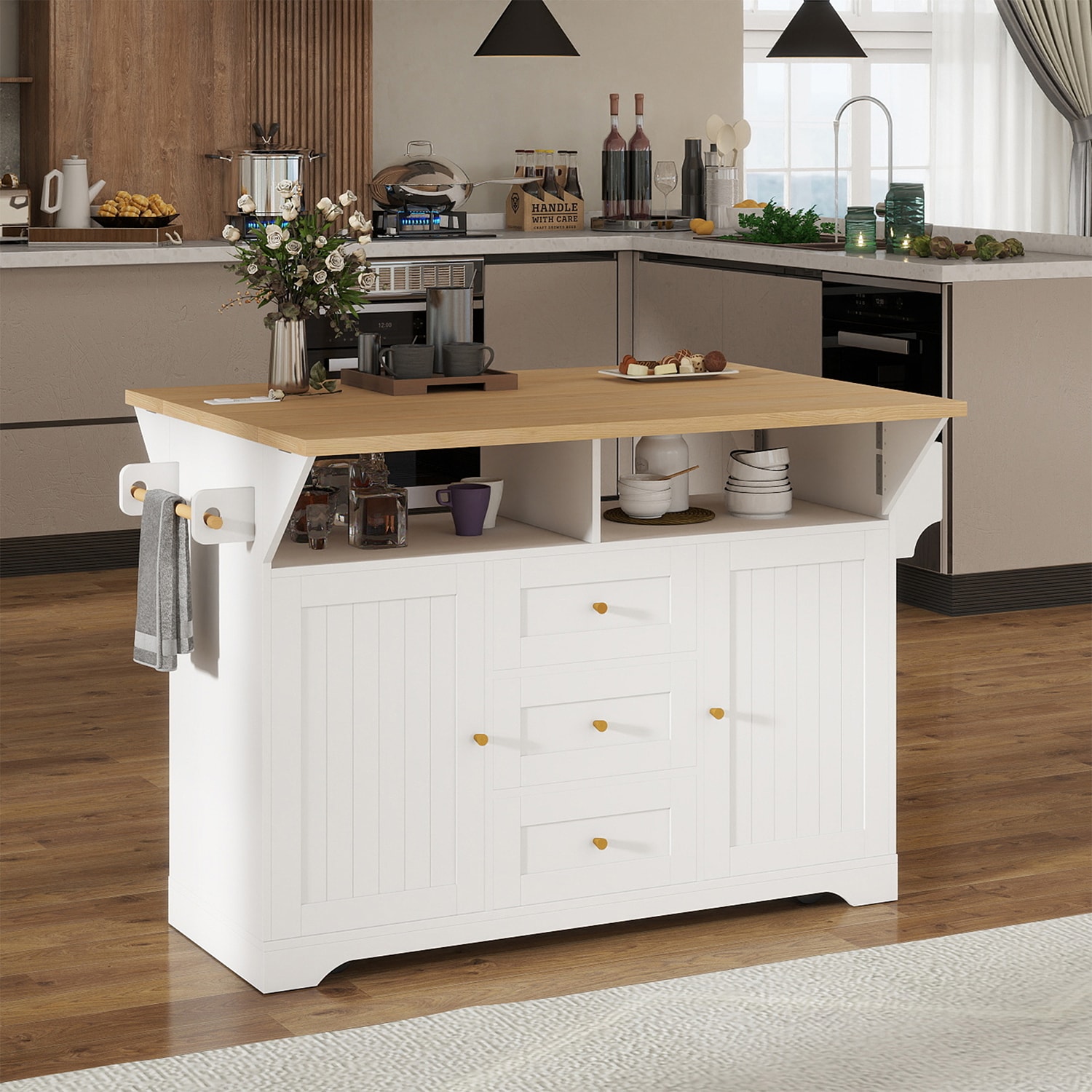 GZMR White MDF Base with Composite Rolling Kitchen Island ( 33.46-in x 47.24-in x 36.4-in )