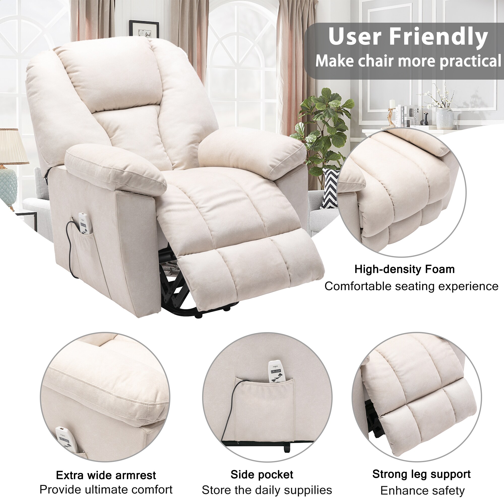 Clihome Beige Linen Powered Reclining Massage Chair in the Recliners ...