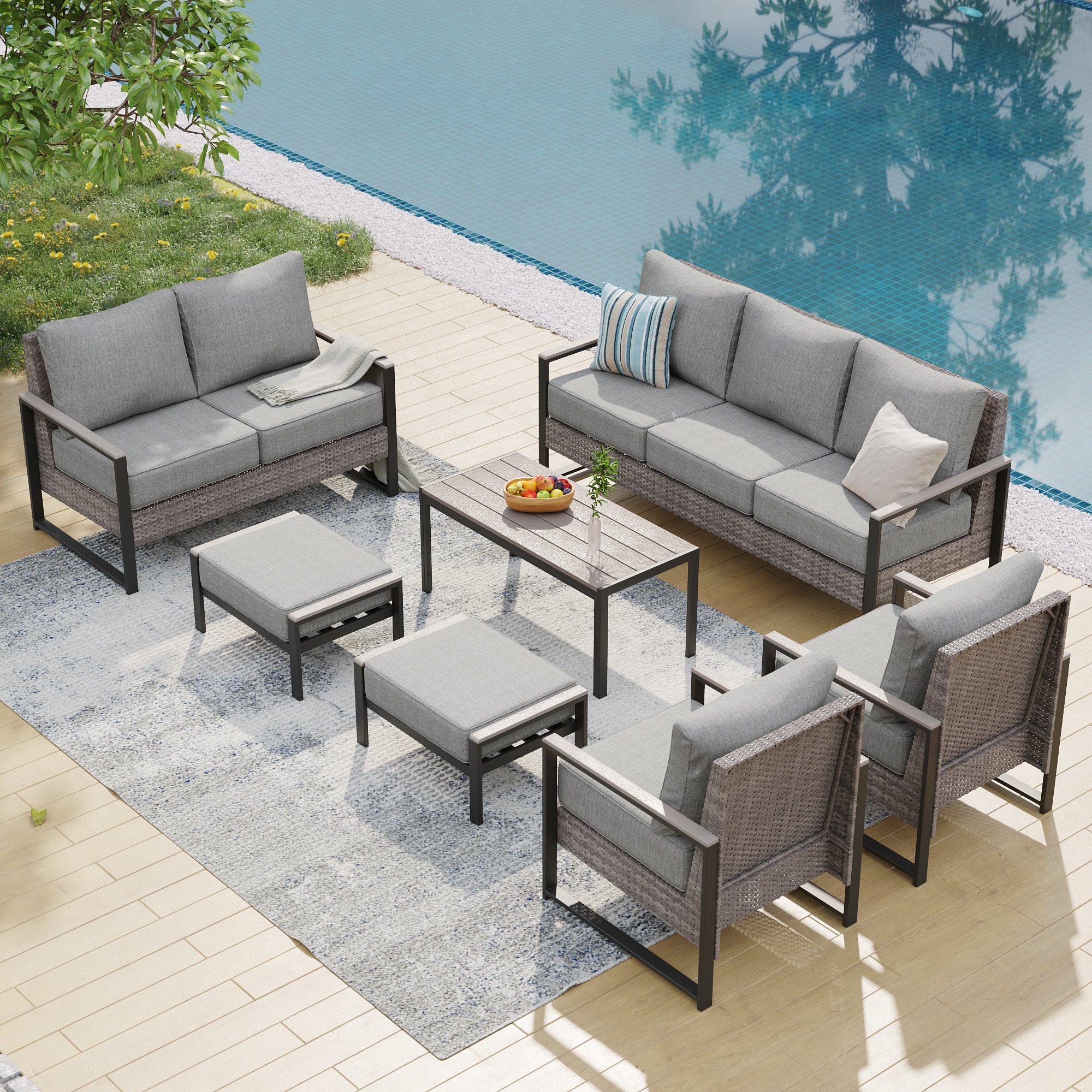 ACEGOSES LW-148HLY-S3T6 Skytop 7 -Piece Wicker Patio Sofa Conversation Set with Gray Cushions
