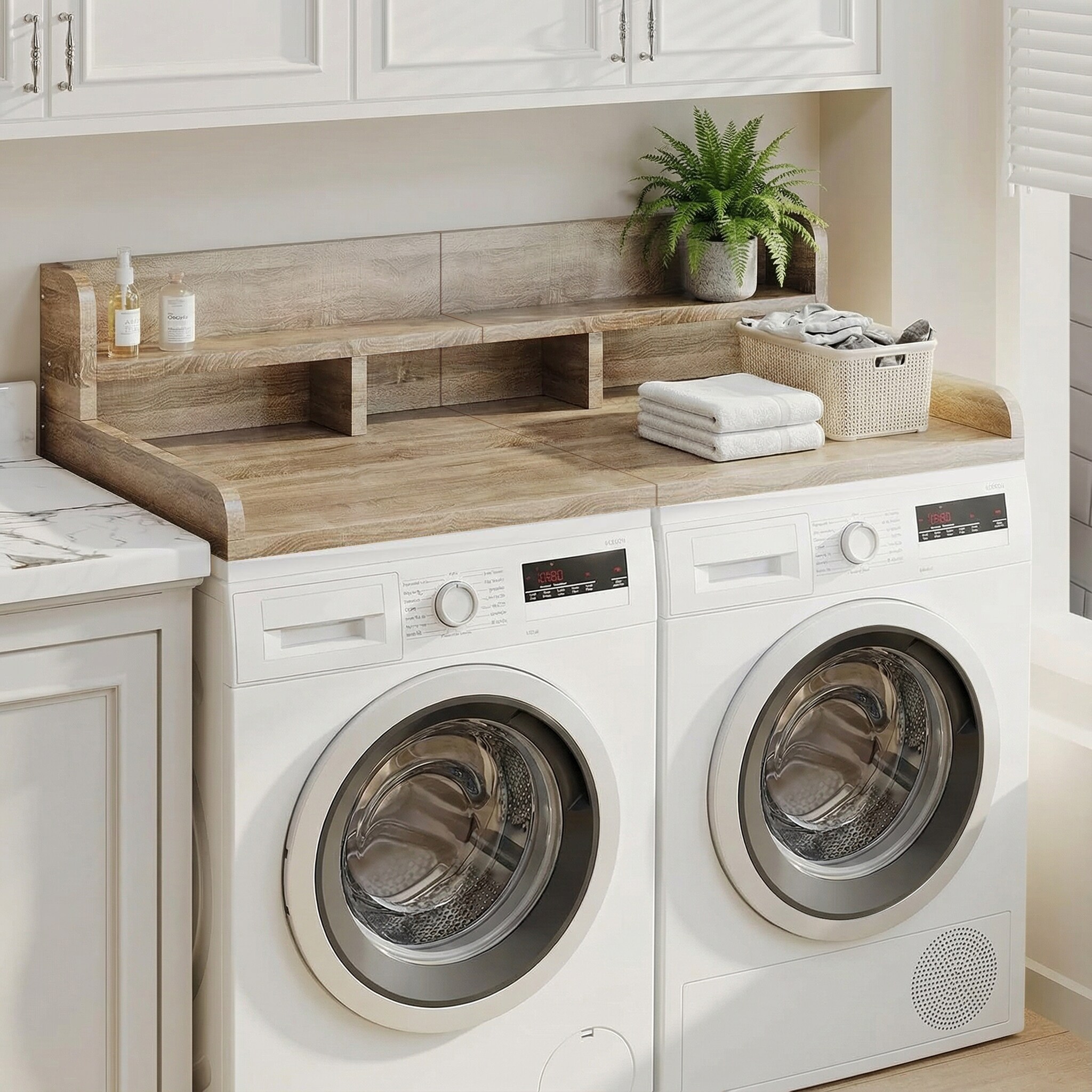 Wooakway Washer Dryer Countertop with Non-slip Pads Laundry Wood Shelf Topper with Edge 54-in Width x 27.5-in Depth Double Layer Organizer for Washer and Dryer Laundry Hamper Counter Storage  Sandy Brown Color