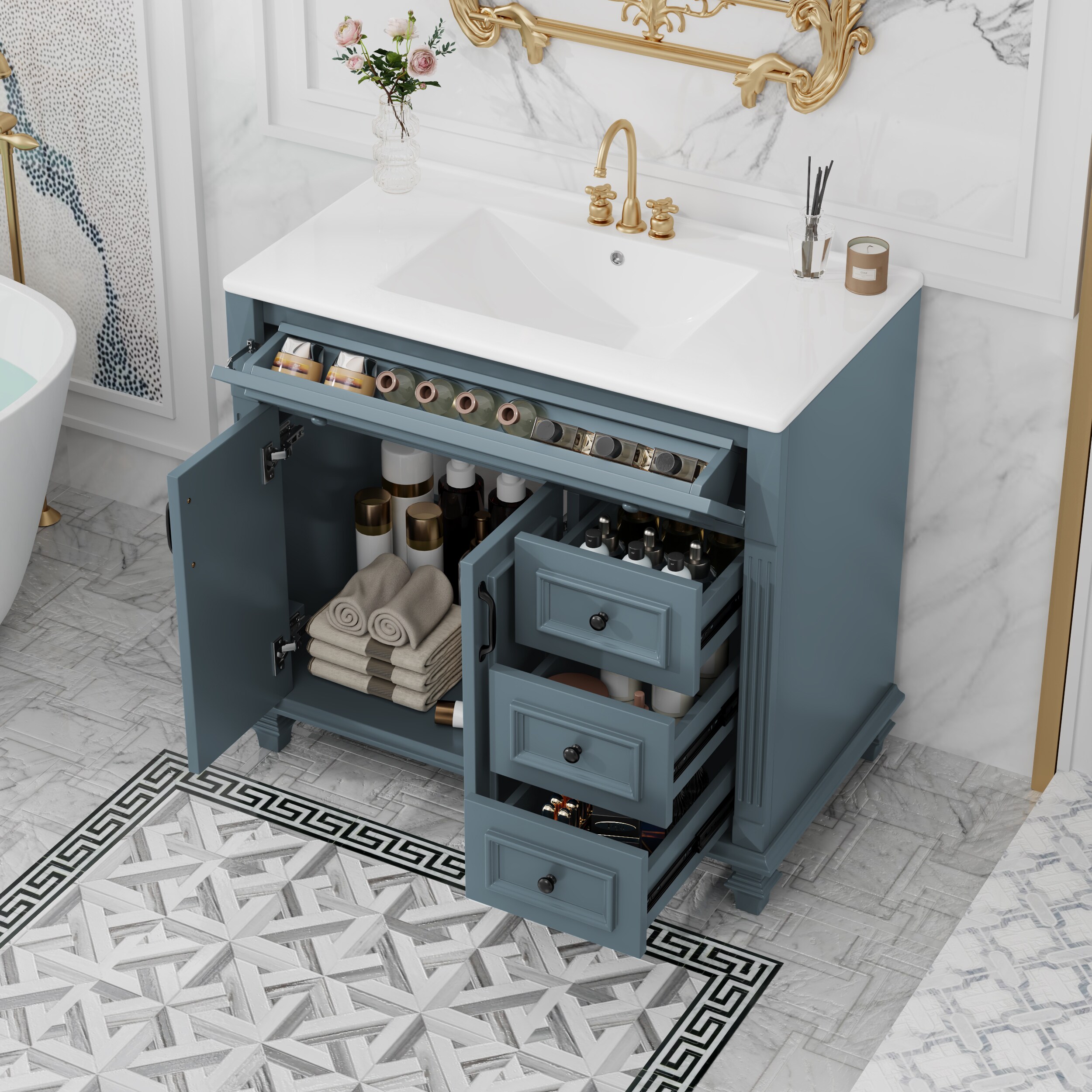 Tatayosi RY-P283623C 36 inches Bathroom Vanity with Sink Blue Grey Vanity Cabinet with Flip-Out Drawer 3 Drawers 2 Soft-Close Doors Solid Wood MDF Elegant Black Hardware