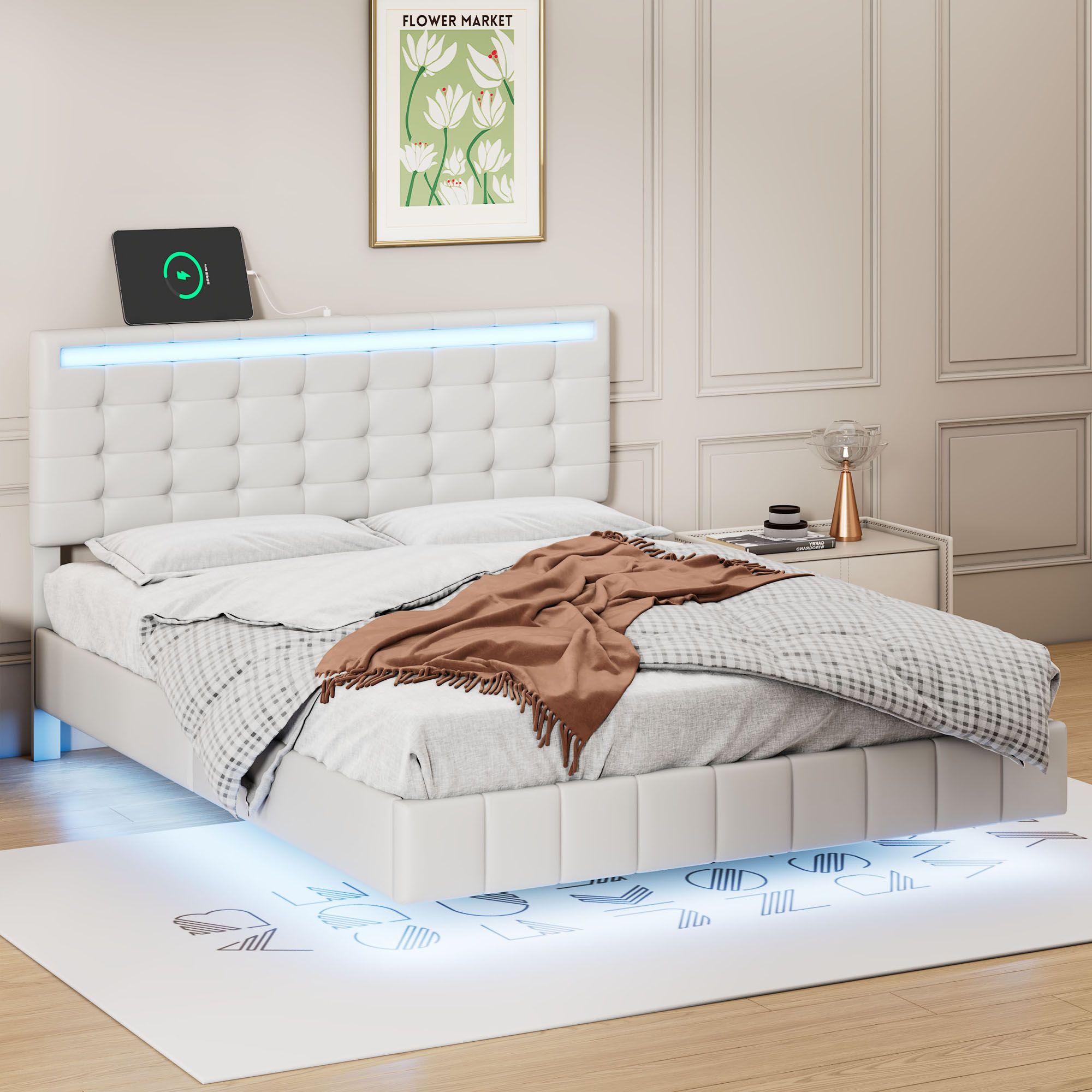 Yiekholo LL-1832AAA Full White Wood Tufted Bed Frame with Headboard