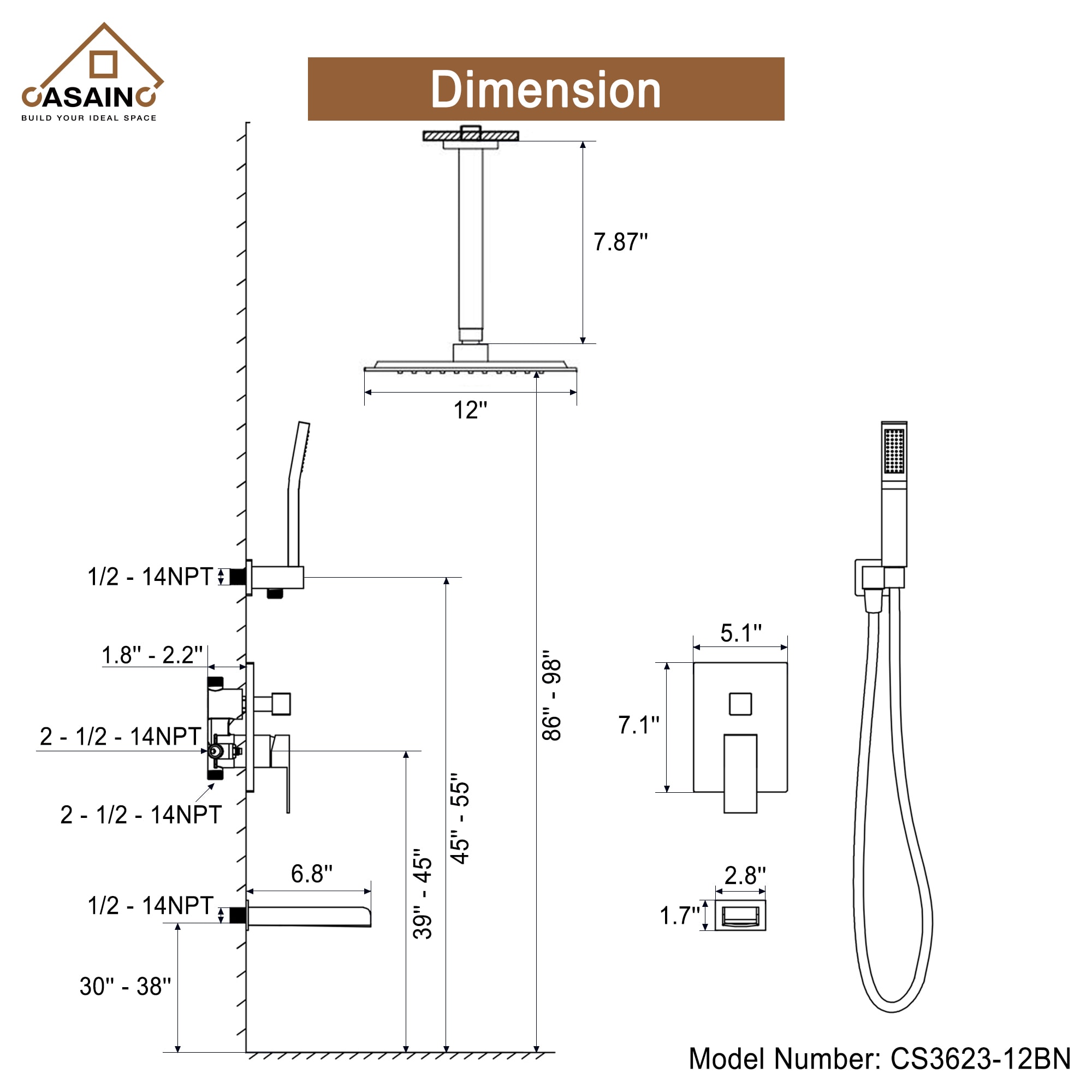 CASAINC CS3623-12BN Showerhead-Bar-Panels - View #4