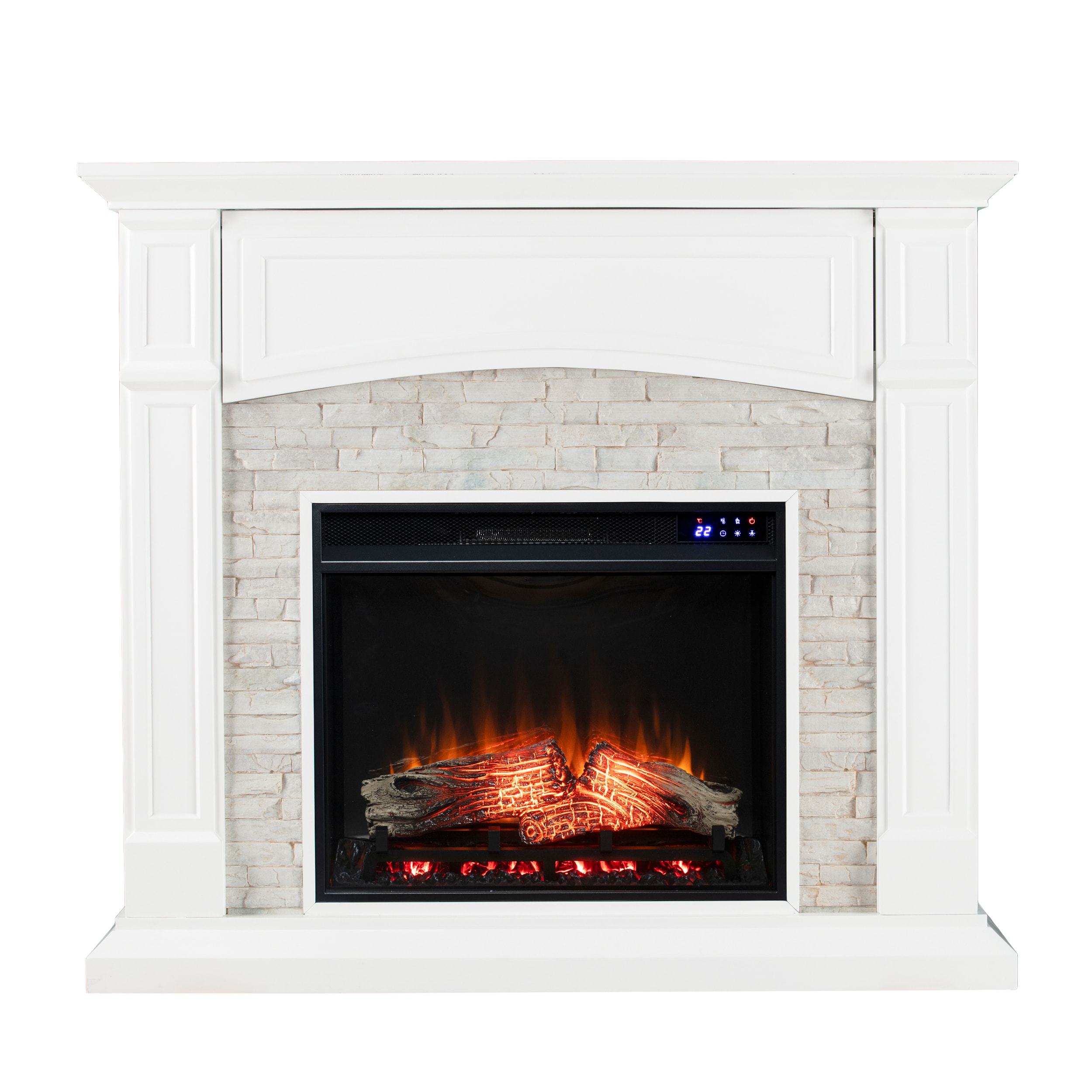Southern Enterprises FR9362 45.75-in W Crisp White with rustic White Faux Stone Free standing Fan-forced Flat wall Electric Fireplace with Remote Control Included